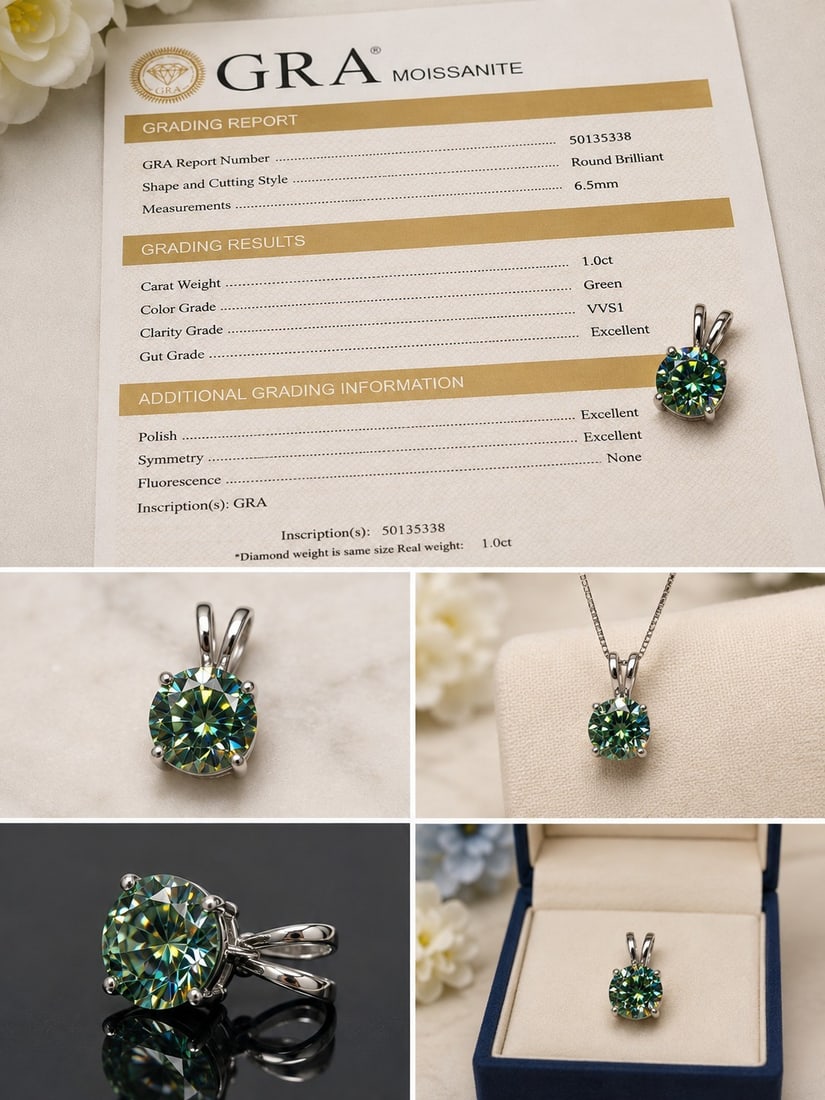 925 Sterling Silver Green Moissanite Pendant – 1.0ct with GRA Report: Title: 925 Sterling Silver Green Moissanite Pendant – 1.0ct with GRA Report Description: Elegant 925 sterling silver pendant set with a 1.0ct round brilliant green moissanite, measuring 6.5mm.