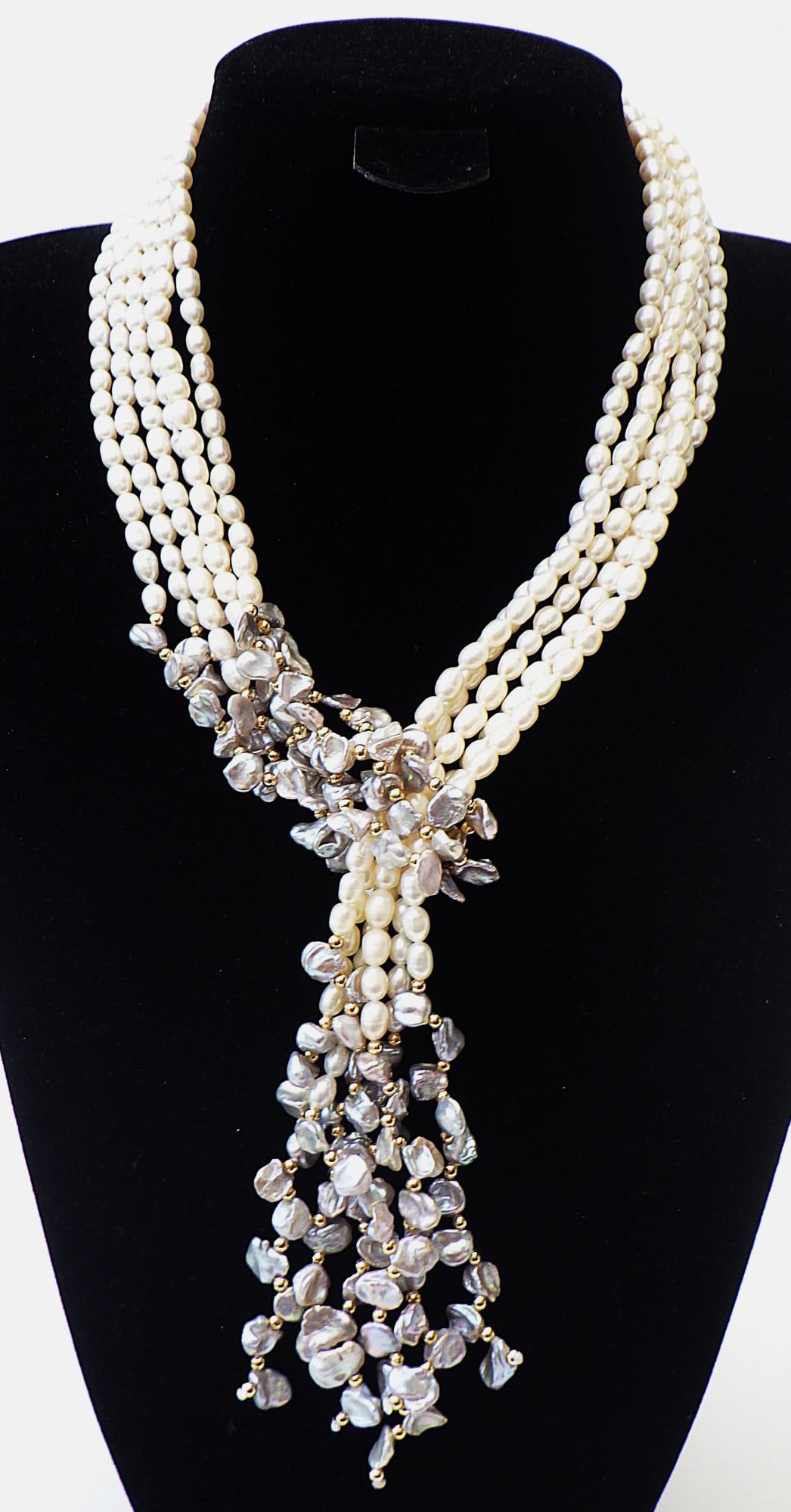 Rare 3 Long Strand Necklace With Natural White & Grey Keshi Pearls: Title: Rare 3 Long Strand Necklace With Natural White & Grey Keshi Pearls Description: A vey unusual and highly fashionable lariat* necklace consisting of three very long (125 cm) strands of
