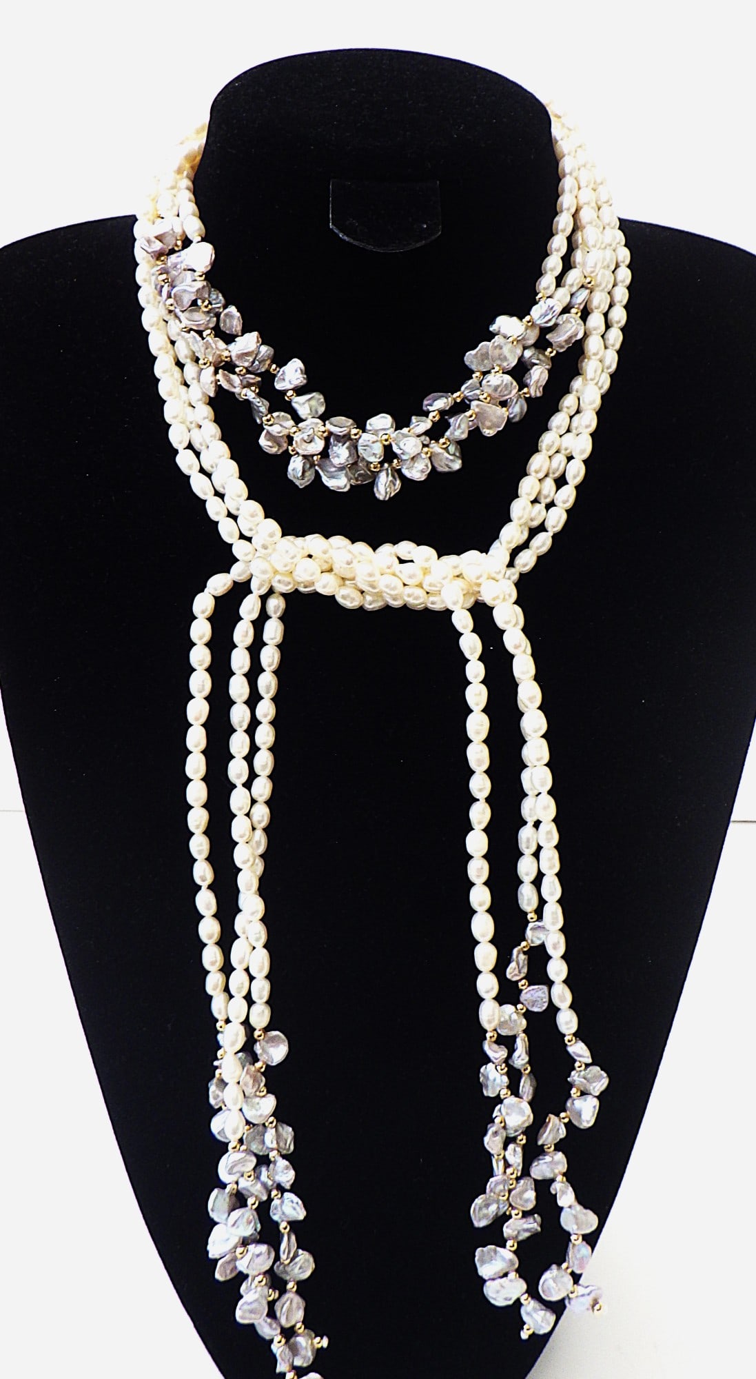 Title: Rare 3 Long Strand Necklace With Natural White & Grey Keshi Pearls Description: A vey unusual - 3
