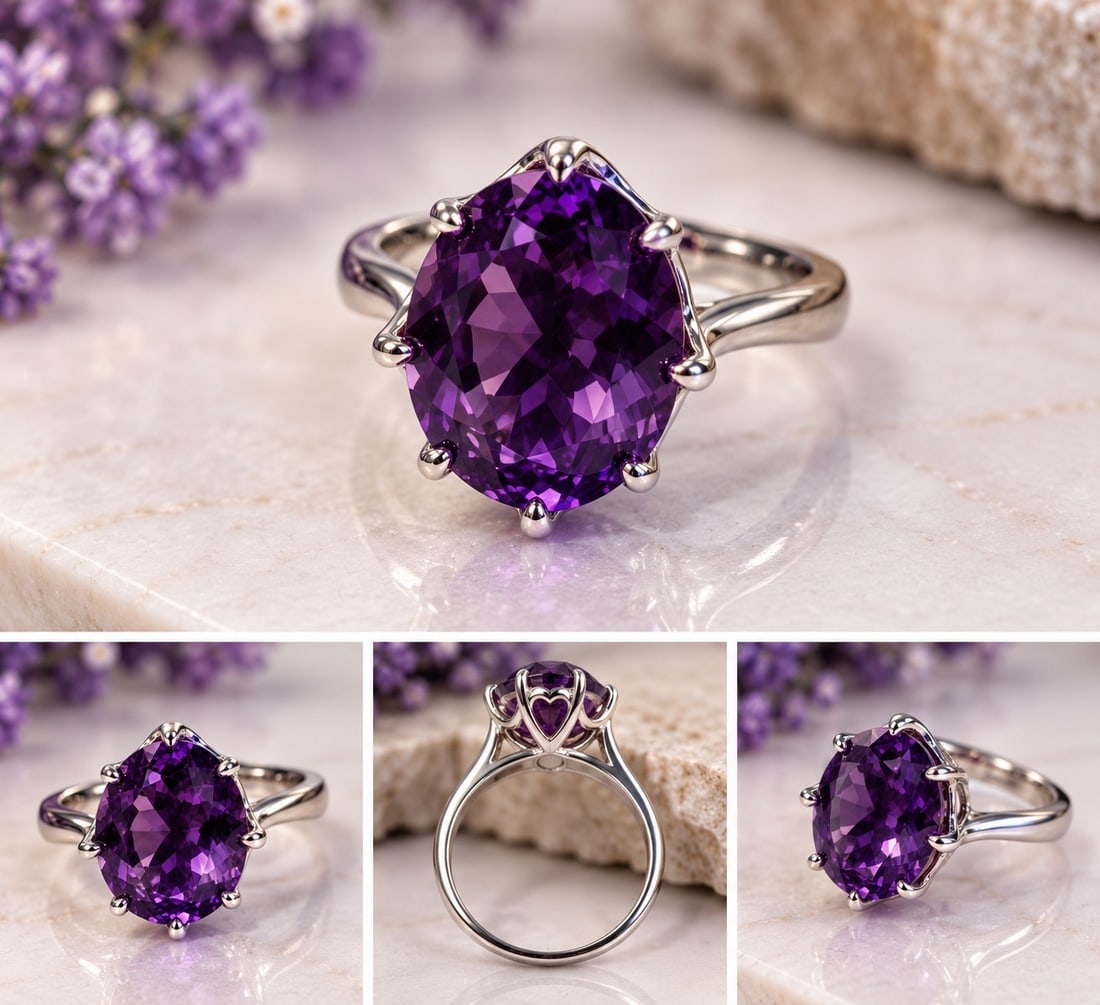 Alexandrite Gemstone Statement Ring: Title: Alexandrite Gemstone Statement Ring Description: Elegant ring featuring a large faceted oval alexandrite gemstone in a classic prong setting. The beautiful purple tone and impressive size cr