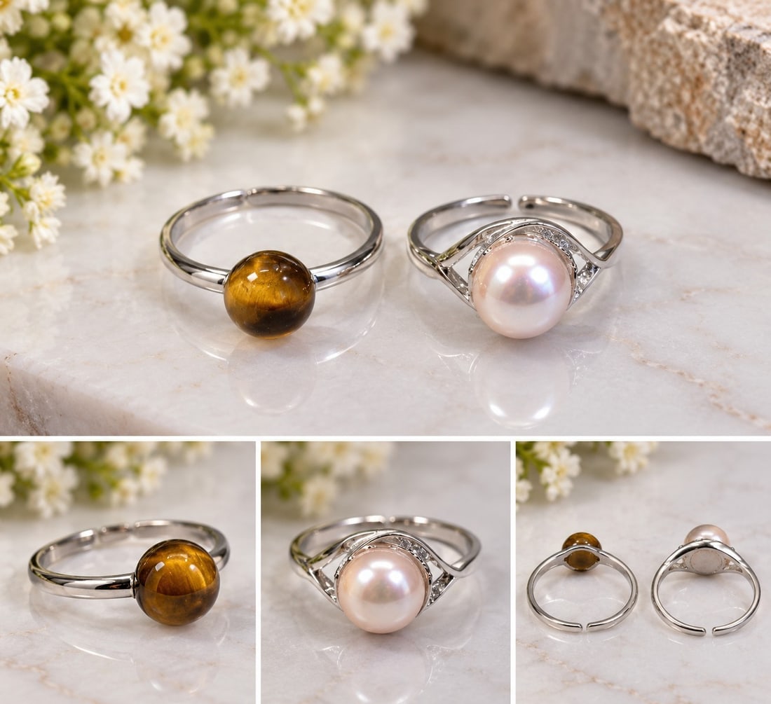 Set of 2 Sterling Silver 925 Rings – Pearl & Tiger Eye: Title: Set of 2 Sterling Silver 925 Rings – Pearl & Tiger Eye Description: Set of two elegant sterling silver 925 rings. One ring features a lustrous pearl with sparkling accents, while the