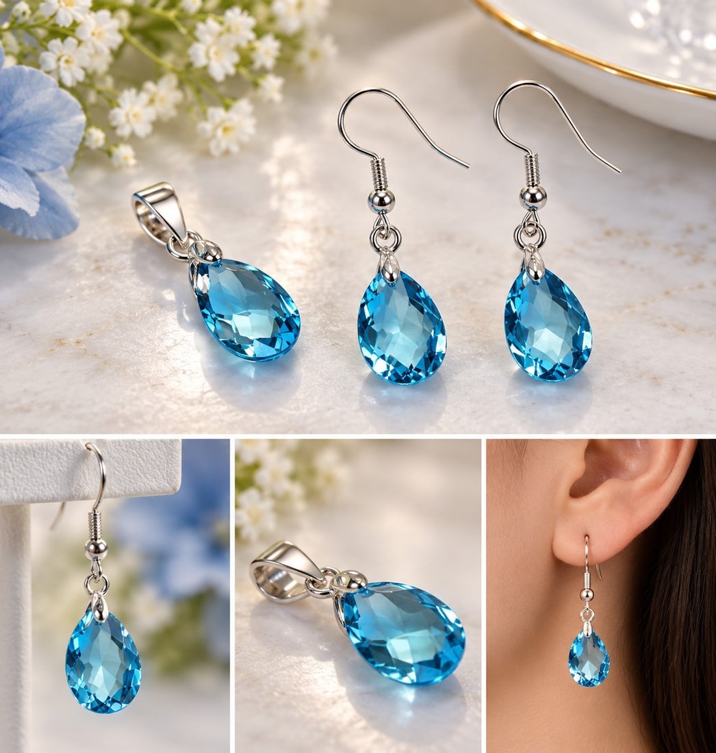 Natural Blue Topaz Pendant and Drop Earrings Set: Title: Natural Blue Topaz Pendant and Drop Earrings Set Description: Elegant matching jewellery set featuring faceted natural blue topaz gemstones in a teardrop design. Includes a pendant and a pai
