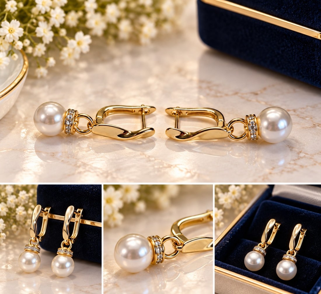 Gold Tone Pearl Drop Earrings with Sparkling Accents: Title: Gold Tone Pearl Drop Earrings with Sparkling Accents Description: Elegant drop earrings featuring lustrous white pearl-style beads, polished gold-tone leverback fittings and sparkling clear