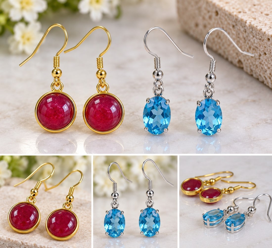 A beautiful lot of two pairs of drop earrings.: Title: A beautiful lot of two pairs of drop earrings. Description: A beautiful lot of two pairs of drop earrings. One pair features faceted natural blue topaz gemstones in an elegant silver-tone