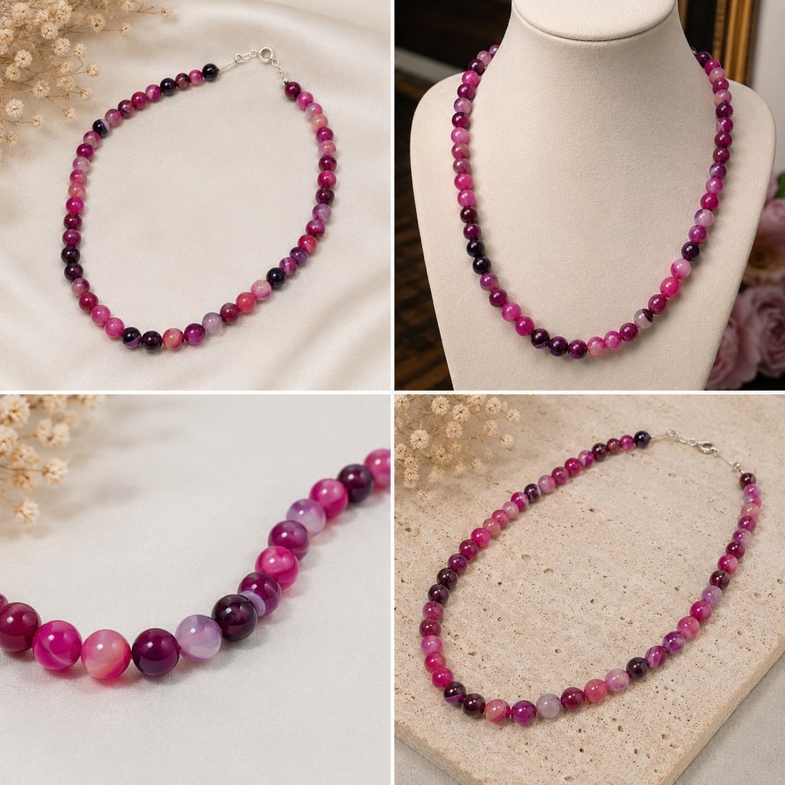 Pink & Purple Beaded Necklace: Title: Pink & Purple Beaded Necklace Description: Necklace featuring polished round beads in mixed pink, purple and burgundy shades. The beads display attractive variations in colour and pattern.