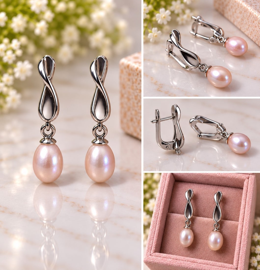 Elegant Pearl Drop Earrings with Silver Tone Twist Design: Title: Elegant Pearl Drop Earrings with Silver Tone Twist Design Description: Elegant pair of drop earrings featuring soft pink pearl drops suspended from a polished silver-tone twisted design. The
