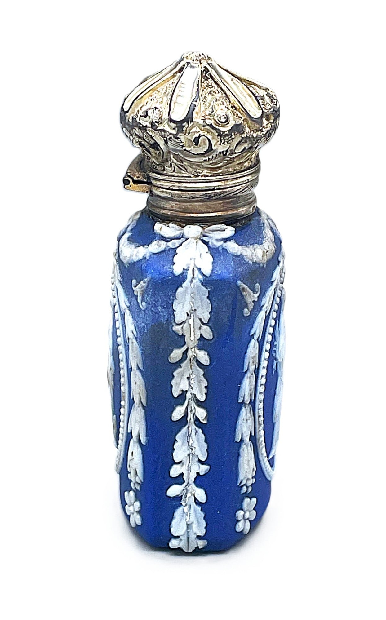 Jasperware Scent Bottle: Title: Jasperware Scent Bottle Description: Wedgwood jasperware scent bottle, mid c. 19th with silver mount and stopper. The silver mount is hallmarked with Dutch import marks, which indicates