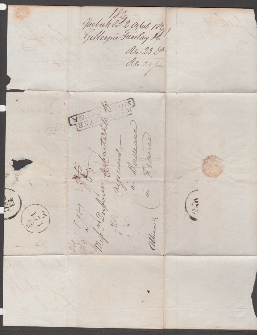 Title: G.B. Ship Letters - Gloucester 1829 Description: Entire from Quebec to France carried by R - 4