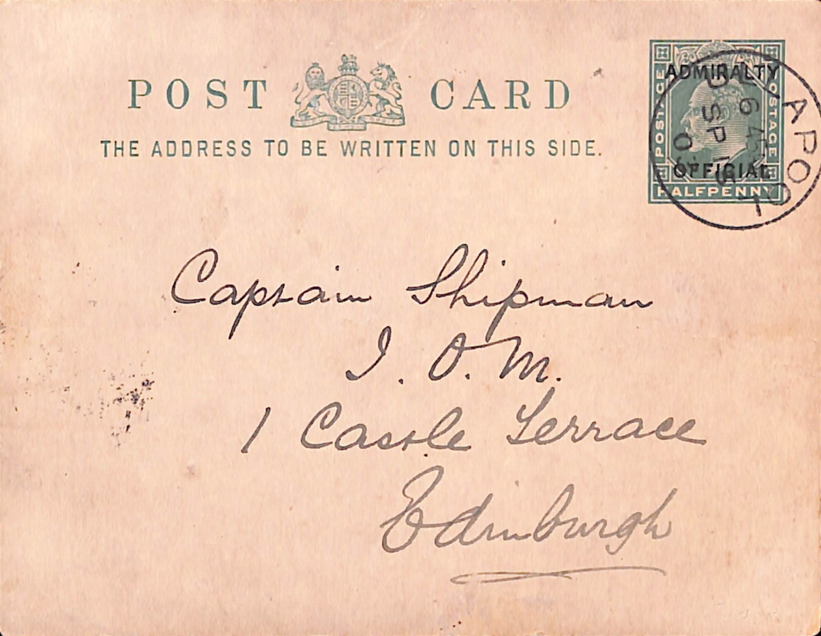 Title: G.B - Postal Stationery / Officials 1903 (Sep 15) Description: KEVII 1/2d Admiralty: Title: G.B - Postal Stationery / Officials 1903 (Sep 15) Description: KEVII 1/2d Admiralty Official Postcard (overprint type 1) used from Ullapool to Edinburgh, very scarce. Condition: Used Deli