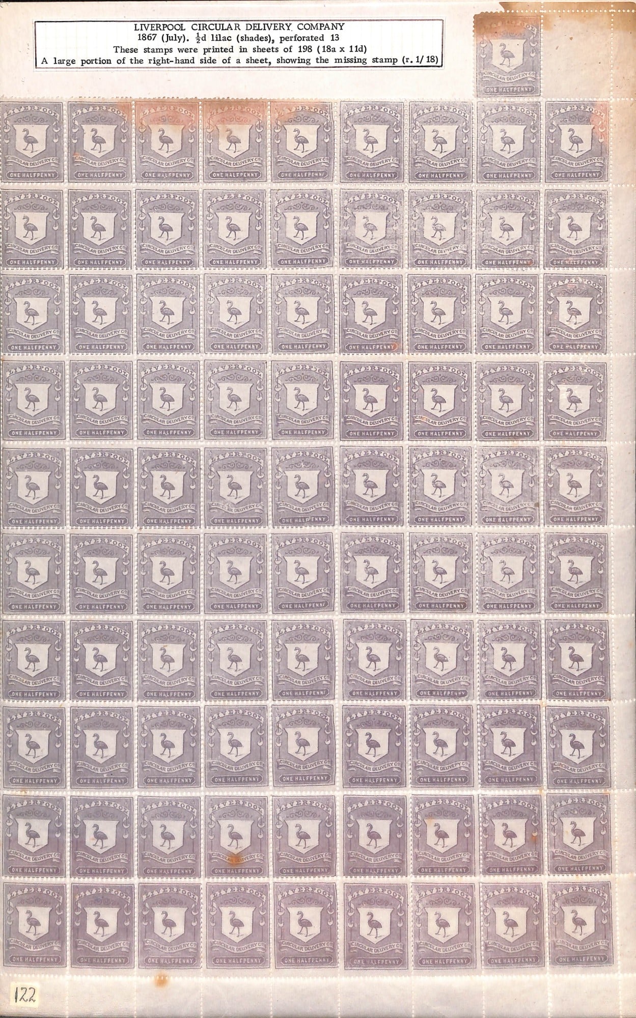 Title: G.B. - Delivery Companies 1867 Description: Liverpool Circular Delivery Company imperforate: Title: G.B. - Delivery Companies 1867 Description: Liverpool Circular Delivery Company imperforate 1/2d slate-lilac in a mint block of 91 with the missing stamp error in the upper right corner,