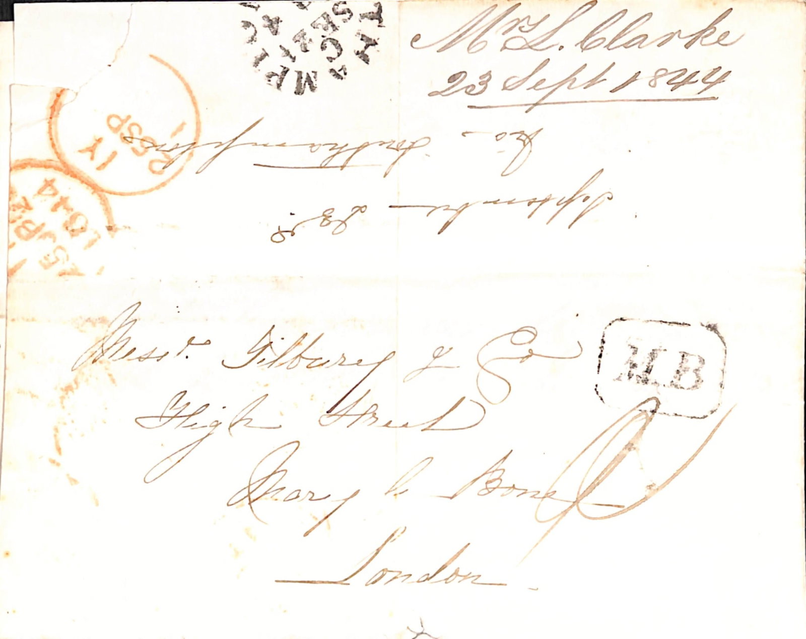 Title: G.B - Ship Letters - Southampton 1844 (Sep 23) Description: Entire letter from Havre to: Title: G.B - Ship Letters - Southampton 1844 (Sep 23) Description: Entire letter from Havre to London, posted into the Mobile Box with boxed "M.B" and Southampton c.d.s in black. The M.B