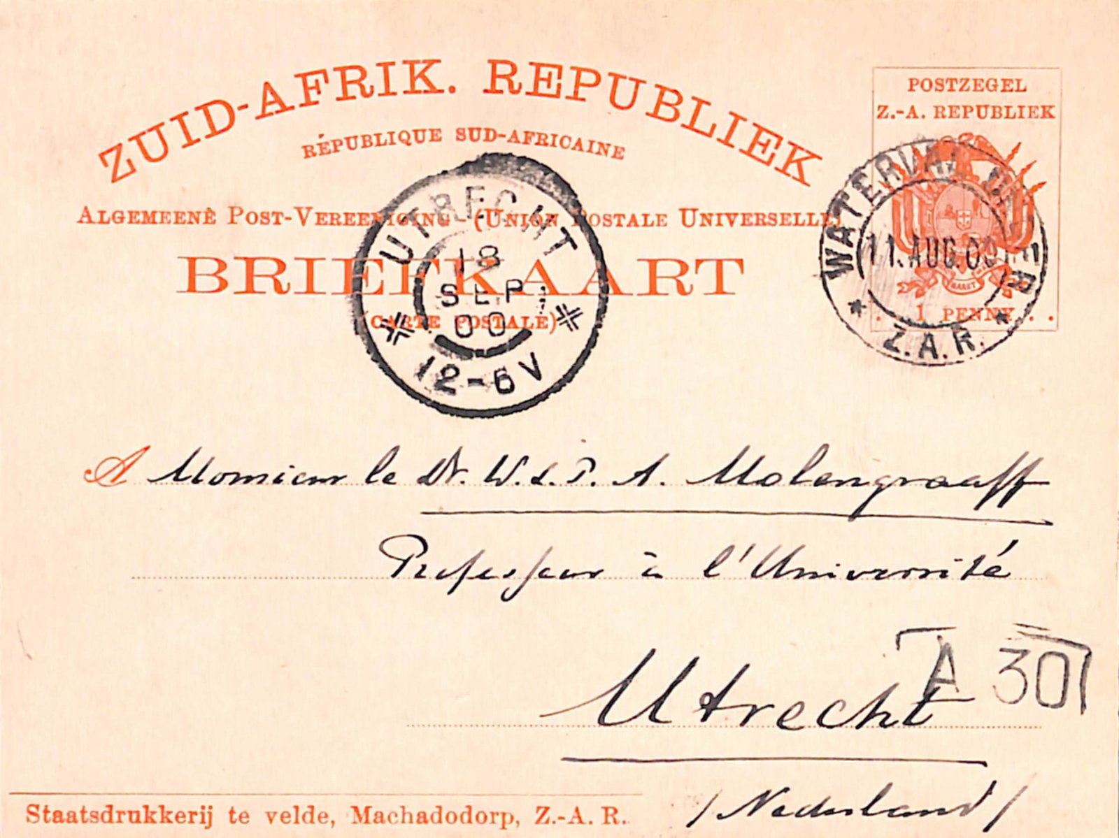 Title: Boer War 1900 (Aug 11) Description: Machadodorp 1d postcard commercially used from Waterval: Title: Boer War 1900 (Aug 11) Description: Machadodorp 1d postcard commercially used from Waterval Onder to Netherlands with Utrecht arrival datestamp. Condition: Used Delivery option: