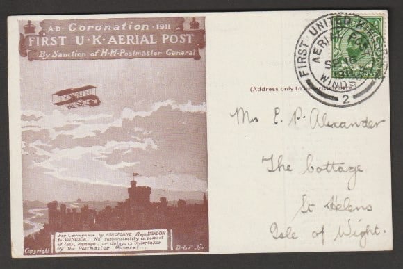 Title: G.B. - Air Mails - London/ Windsor Flights 1911 (Sep. 16) Description: Brown London to: Title: G.B. - Air Mails - London/ Windsor Flights 1911 (Sep. 16) Description: Brown London to Windsor Post Card with printed message of thanks from the organising committee on the reverse unusually