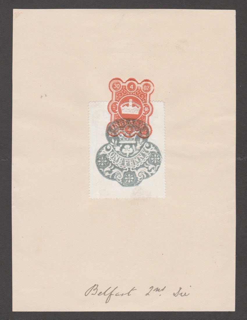 Title: G.B - Ireland / Revenues 1902 Description: Ireland 1d embossed revenue tied to piece with: Title: G.B - Ireland / Revenues 1902 Description: Ireland 1d embossed revenue tied to piece with fancy crown cancel embossed in red, endorsed "Belfast 2nd Die". A rare proof of the second revenu