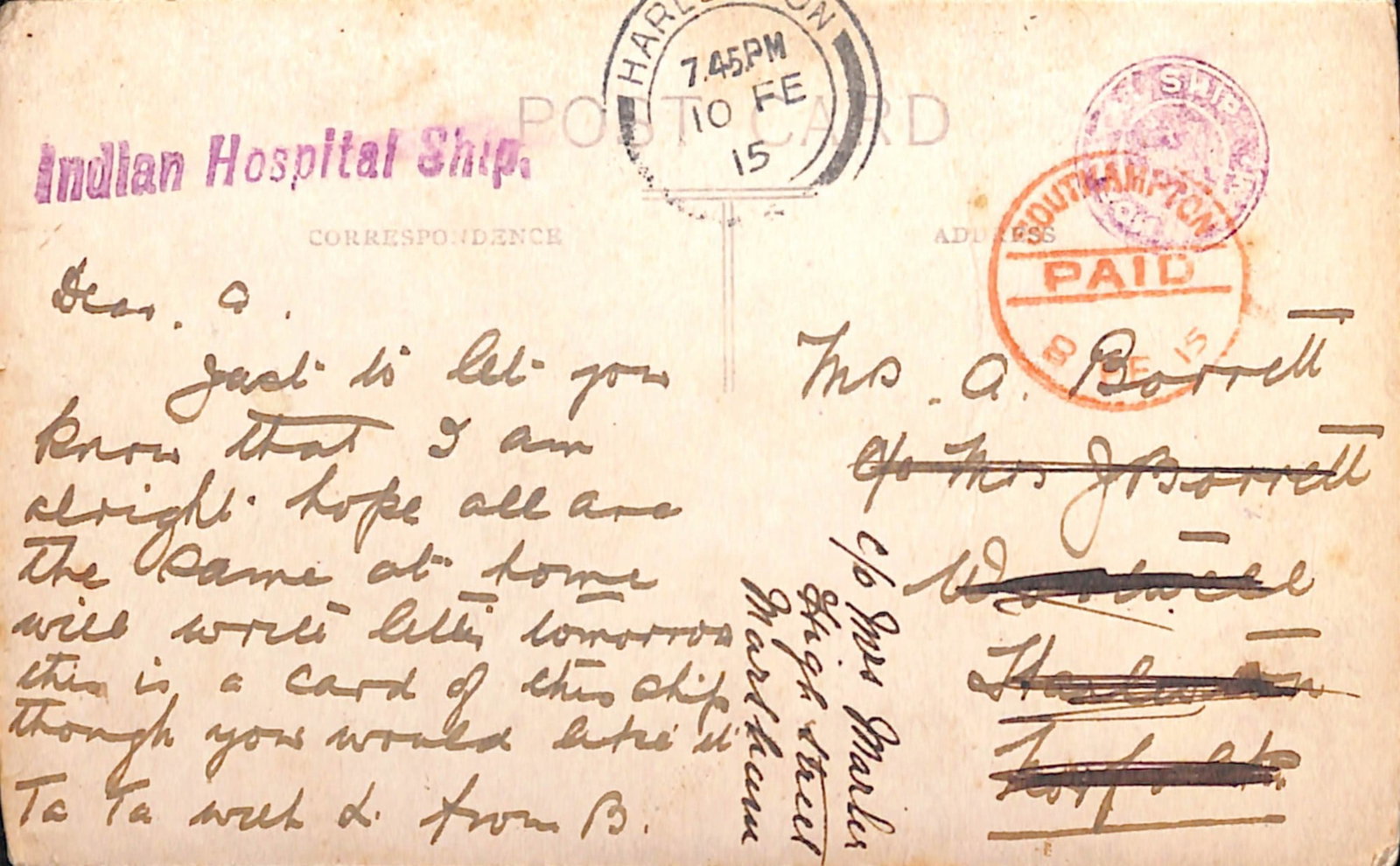 Title: India - World War One 1915 (Feb 8) Description: Stampless picture postcard of the Hospital (1 of 2)