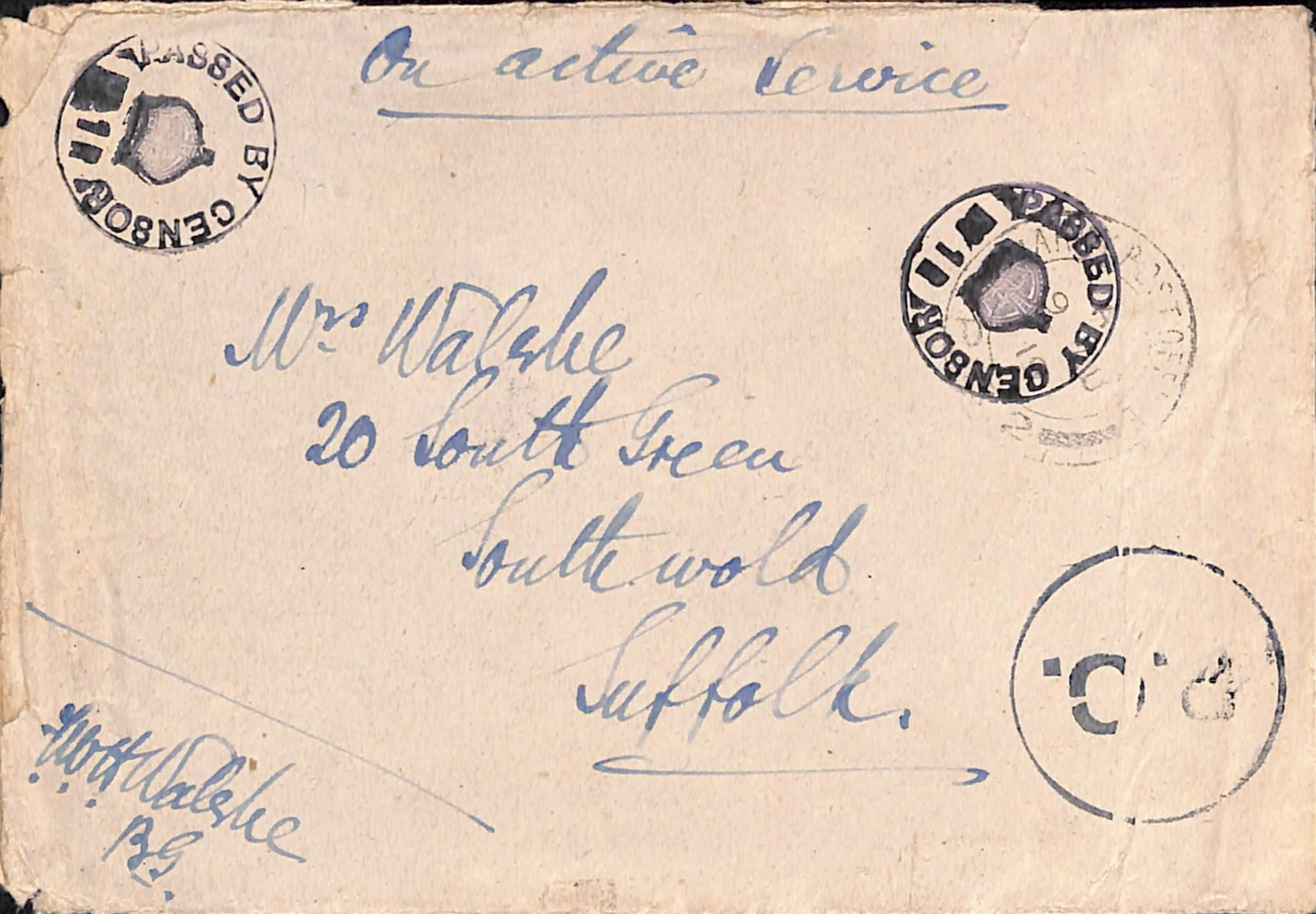 Title: Russia 1919 (Aug 9) Description: Stampless O.A.S cover from Brigadier General Walshe with - 2
