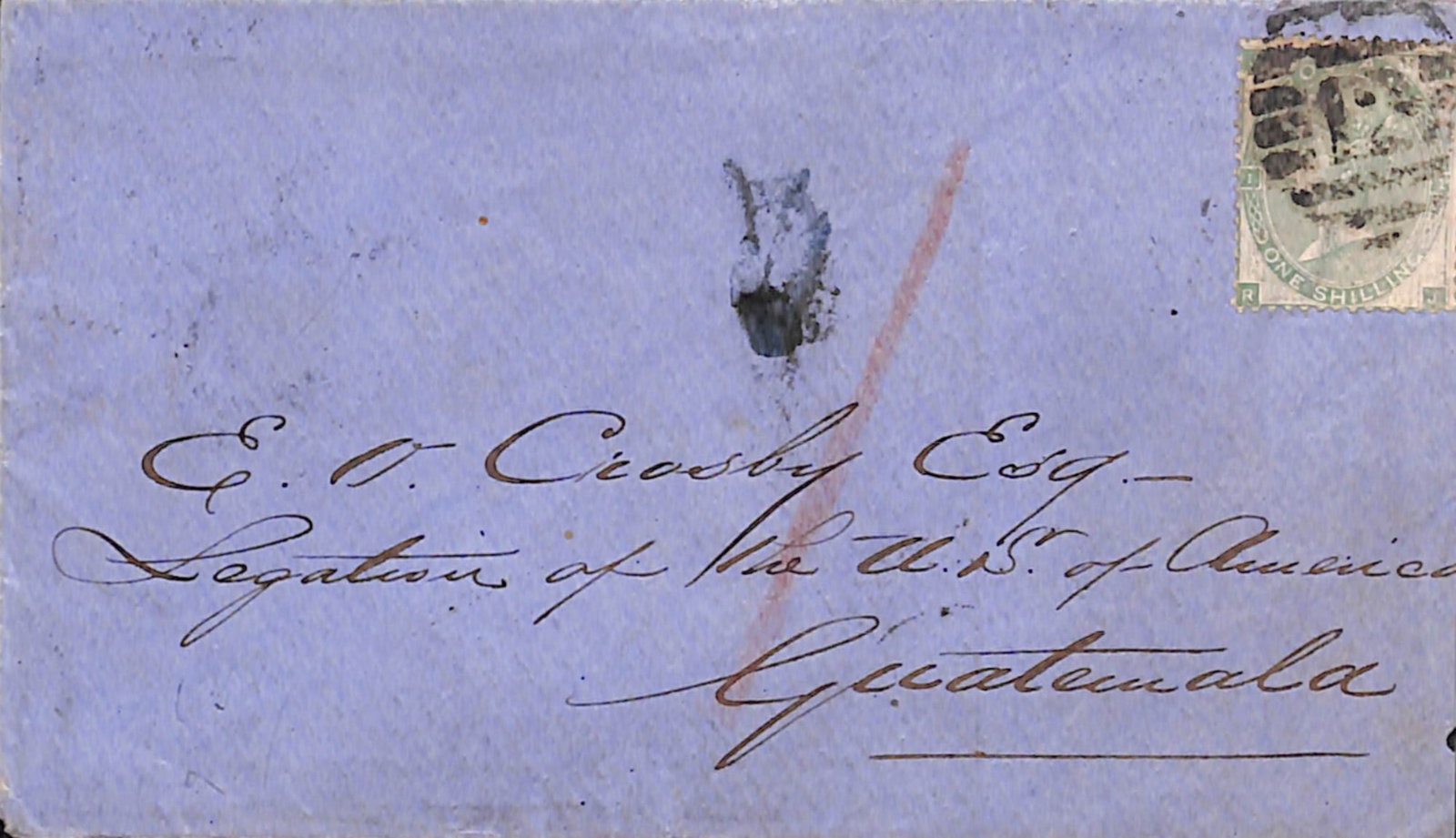 Title: G.B. - Surface Printed / Guatemala / British Honduras 1863 (Oct 15) Description: Cover from: Title: G.B. - Surface Printed / Guatemala / British Honduras 1863 (Oct 15) Description: Cover from London to the U.S Legation in Guatemala franked 1/-, backstamped at Belize (Nov. 11). Condition: