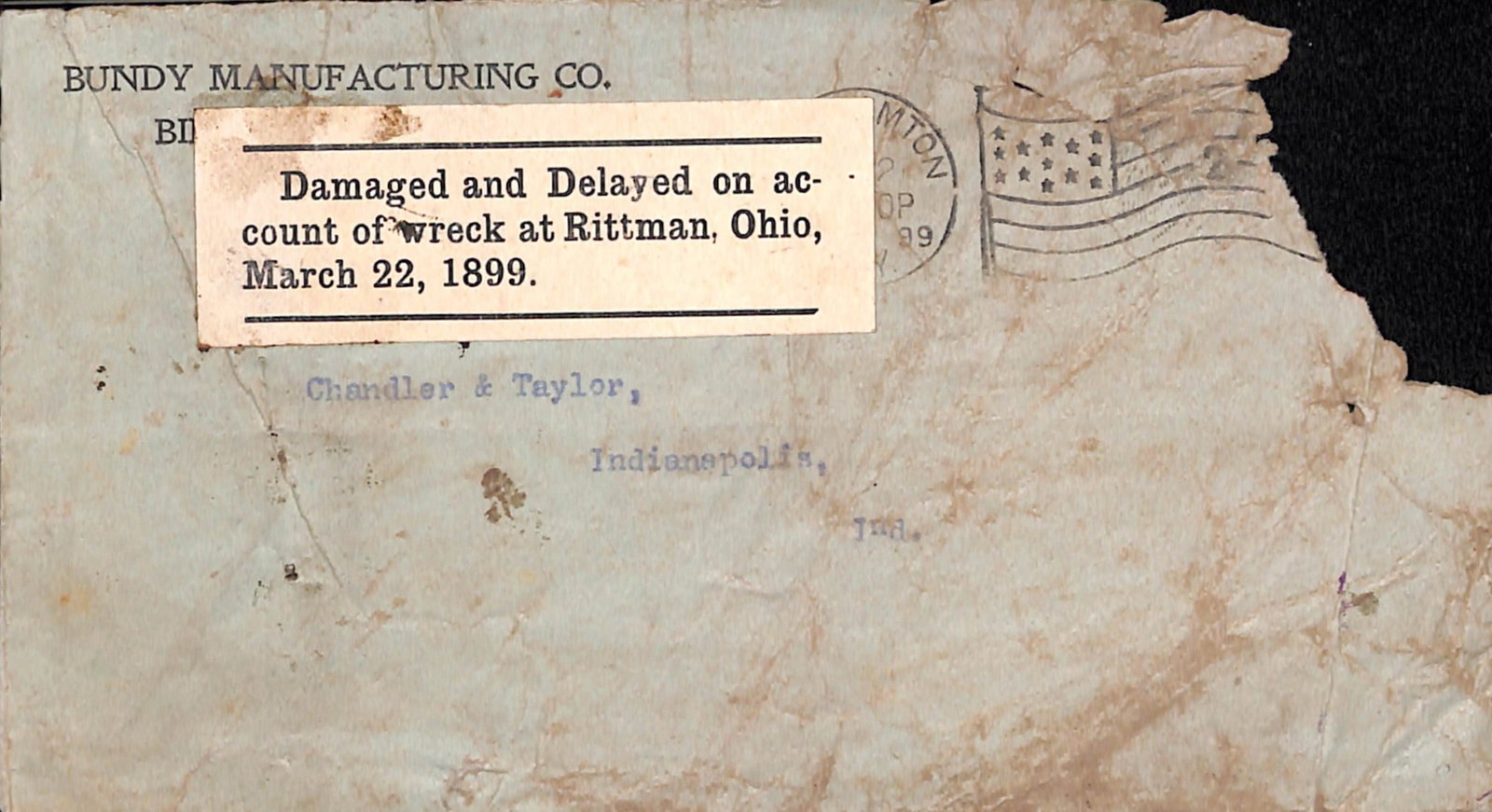 Title: Crash and Wreck Mail 1899 (Mar. 22) Description: Cover from Binghamton, N.Y State to: Title: Crash and Wreck Mail 1899 (Mar. 22) Description: Cover from Binghamton, N.Y State to Indianapolis, soiled and the corner torn away, bearing the explanatory label "Damaged and Delayed on ac-/cou