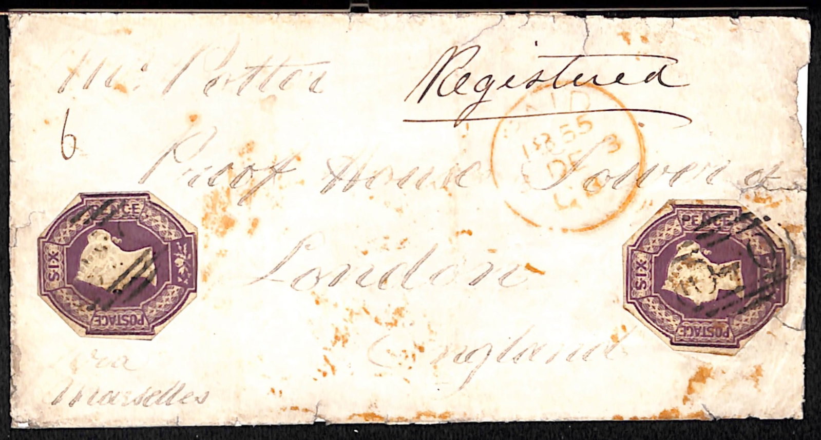 Title: G.B. - Crimean War 1855 Description: Registered cover (edge faults, part reverse missing): Title: G.B. - Crimean War 1855 Description: Registered cover (edge faults, part reverse missing) to London franked at the 1/- rate by two embossed 6d stamps (cut to shape, both just touched at one poi