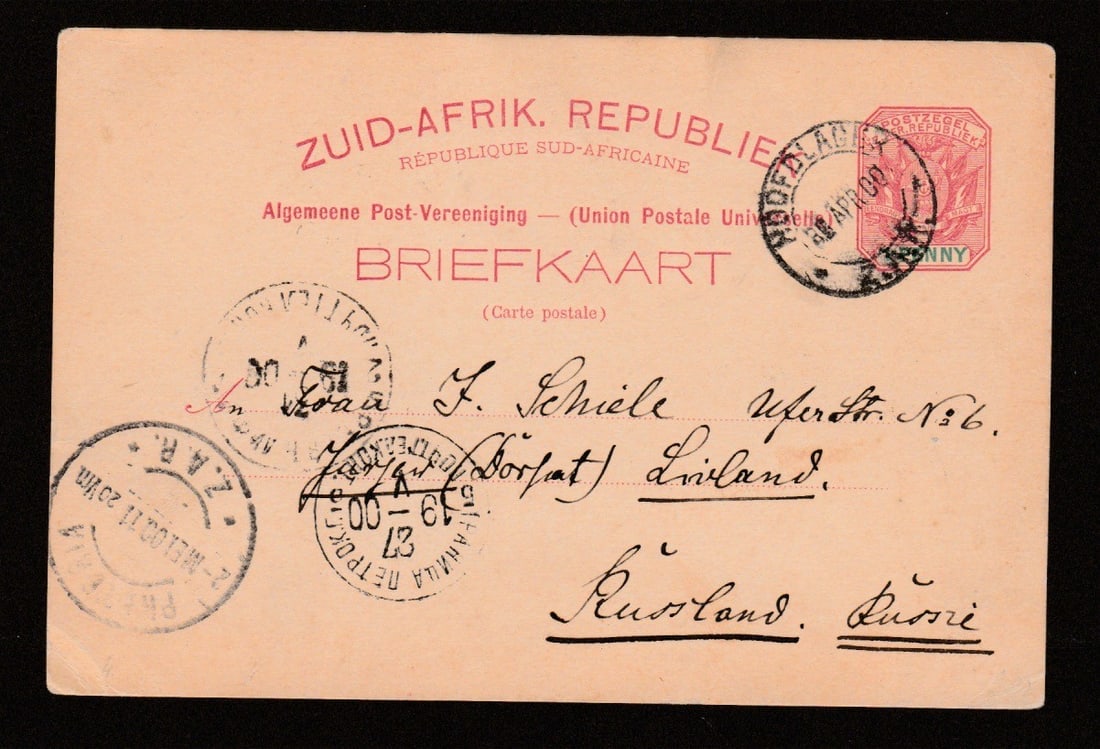 Title: Boer War 1900 (Apr. 26) Description: Transvaal 1d postcard written from Glencoe to Russia, (1 of 2)