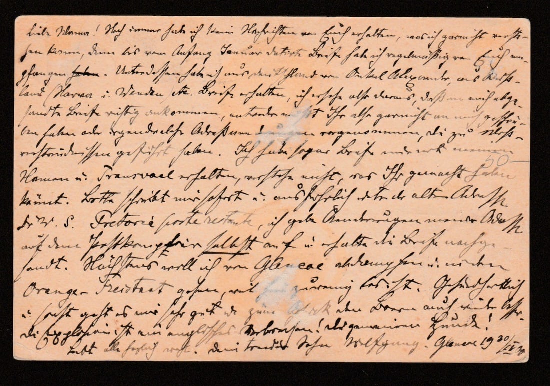 Title: Boer War 1900 (Apr. 26) Description: Transvaal 1d postcard written from Glencoe to Russia, - 2
