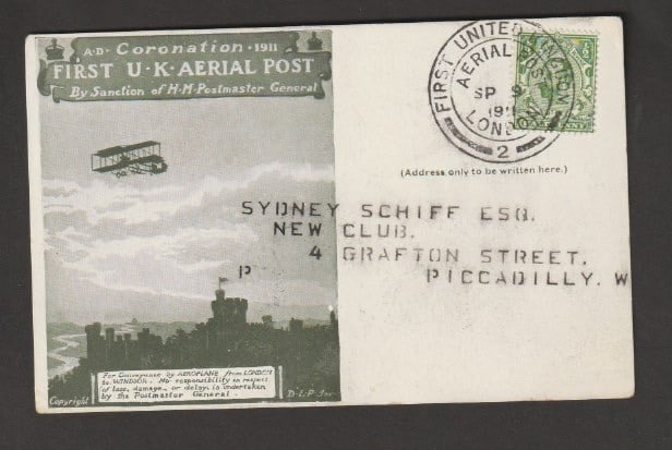 Title: G.B First U.K Aerial Post 1911 (Sep 9) Description: Green London to Windsor postcard with the: Title: G.B First U.K Aerial Post 1911 (Sep 9) Description: Green London to Windsor postcard with the pictorial advert for "F. Hedges Butler, Founder of the Royal Aero Club, 1901-11, Ten Years of