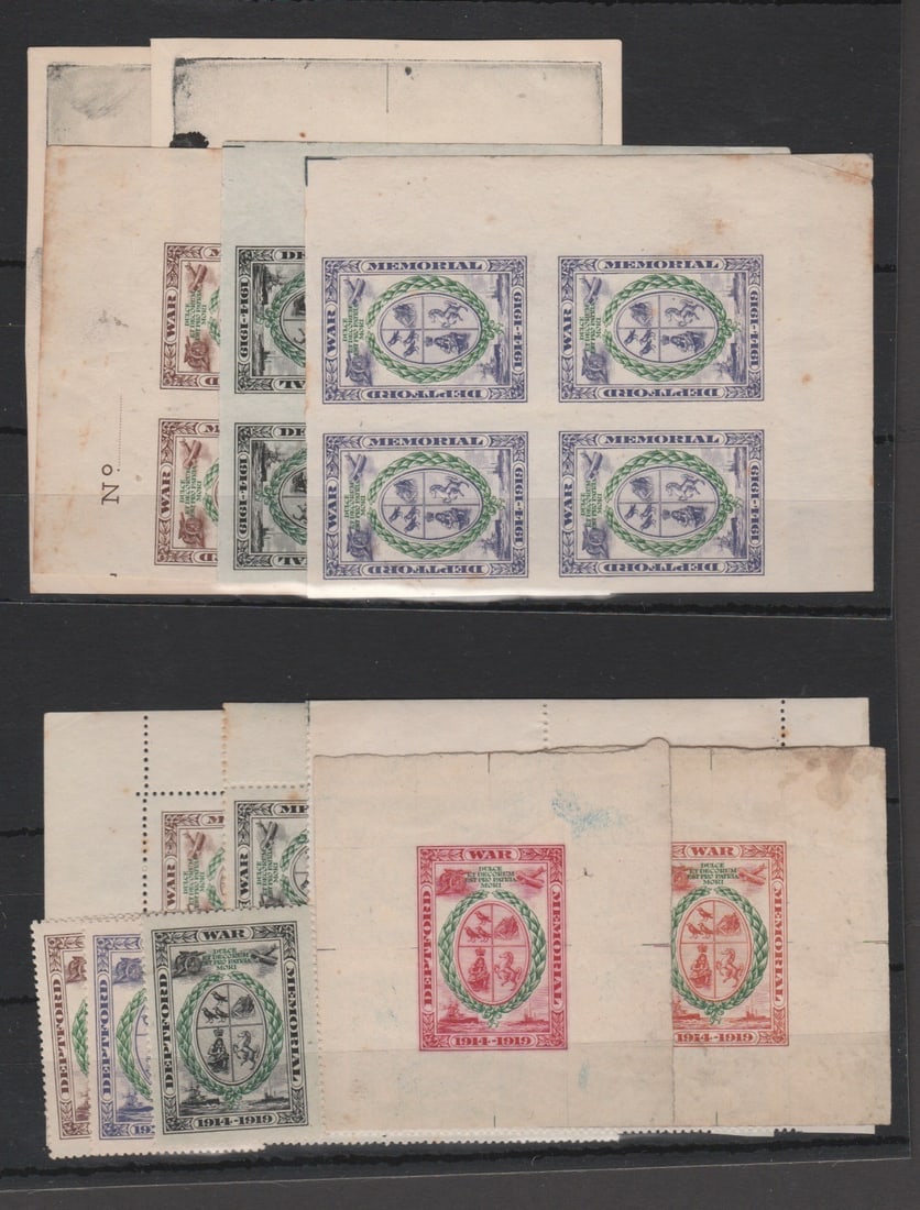 Title: Great Britain London / World War One 1919 Description: Deptford War Memorial label, die: Title: Great Britain London / World War One 1919 Description: Deptford War Memorial label, die proofs of the two separately printed parts of the design both in black, two die proofs of the complete