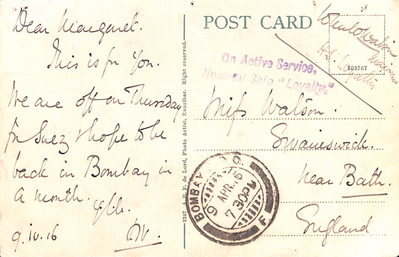 Title: India - World War One 1916 (Apr 9) Description: Stampless picture postcard of Zanzibar, (1 of 2)