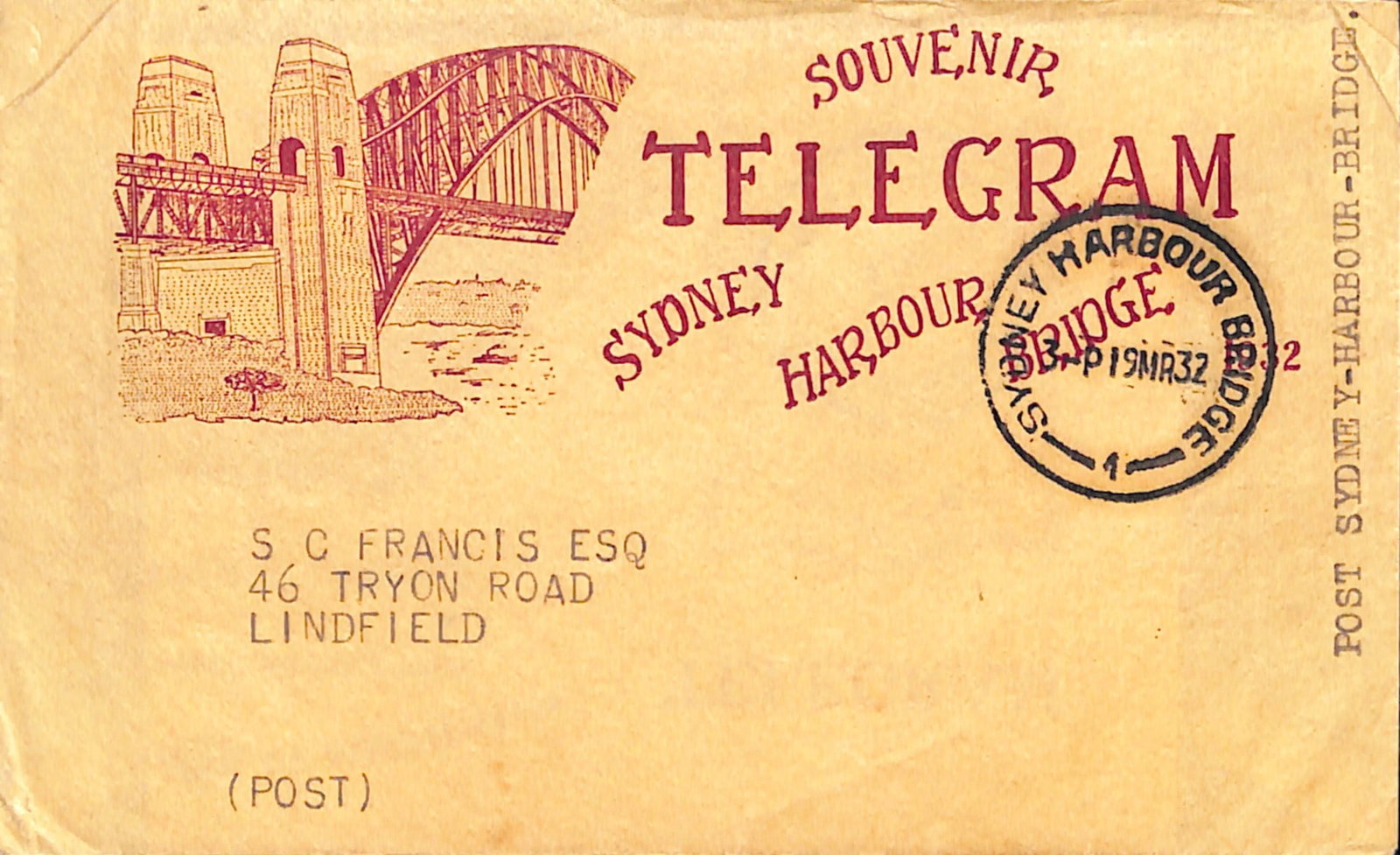 Title: Australia 1932 (Mar 19) Description: Sydney Harbour Bridge souvenir telegram form and: Title: Australia 1932 (Mar 19) Description: Sydney Harbour Bridge souvenir telegram form and envelope. The form with "SYDNEY HARBOUR BRIDGE S.E PYLON" c.d.s, the envelope with the "SYDNEY