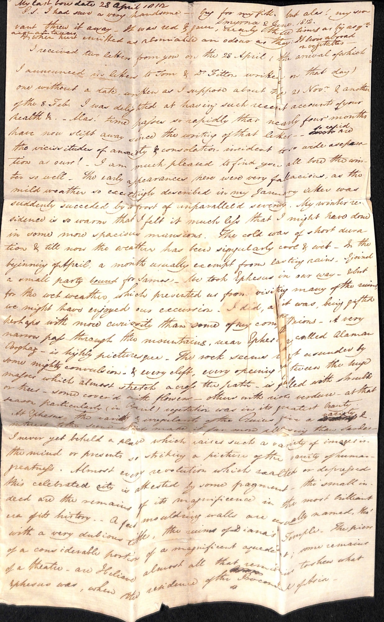 Title: Great Britian - Ship Letters - Rochester 1812 (June 2) Description: Entire letter from Smyrna - 3