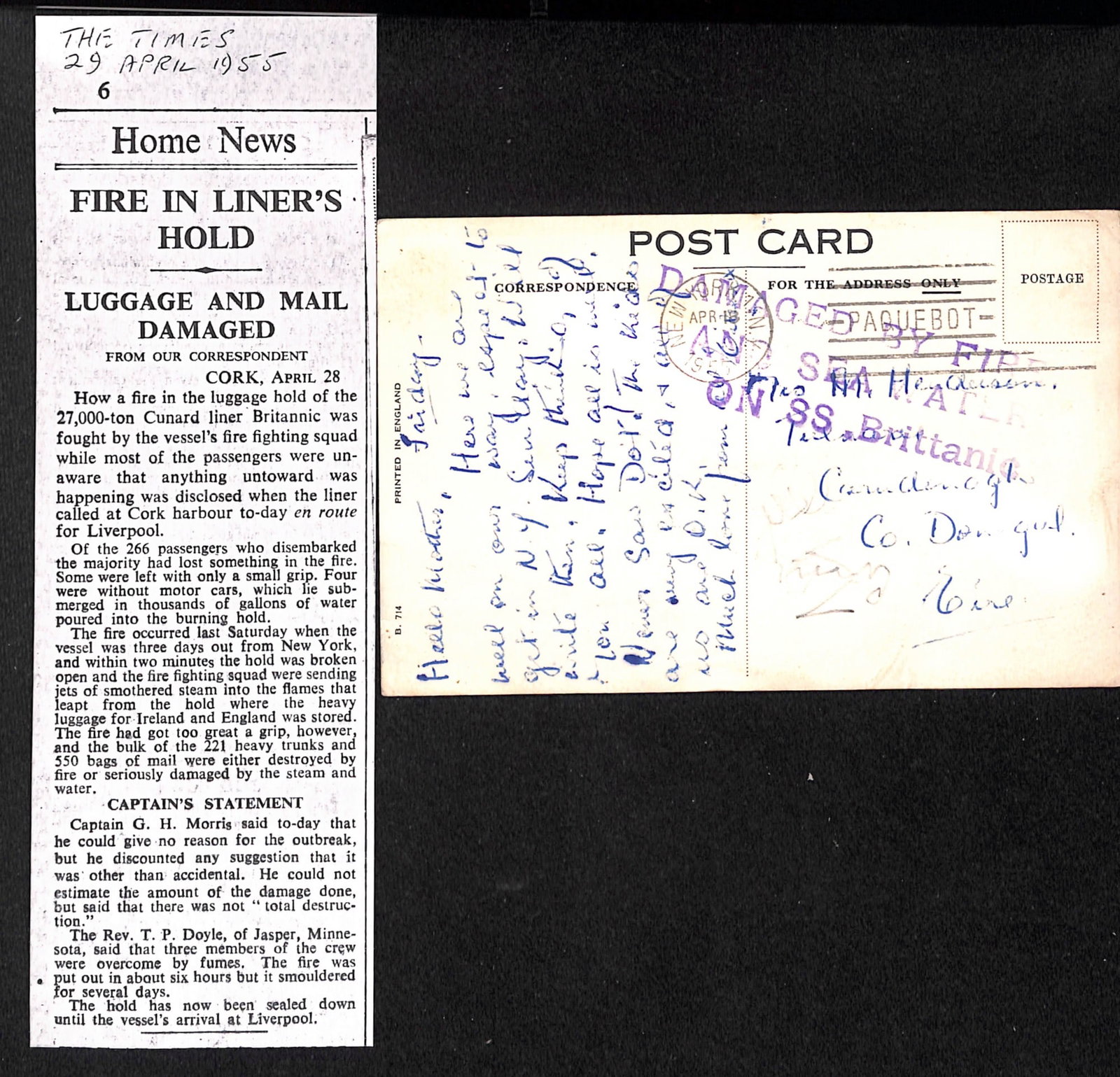 Title: Crash and Wreck Mail - Ireland 1955 (Apr. 18) Description: Picture postcard of S.S ' - 2