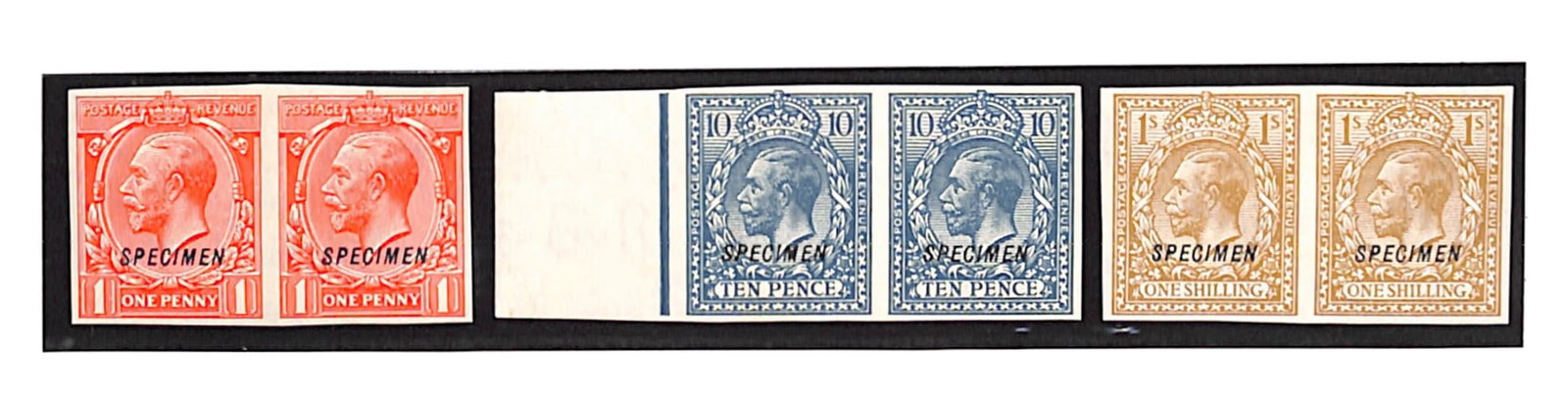 Title: G.B. - King George V 1924 Description: Block Cypher 1d scarlet, 10d and 1/- each in a mint: Title: G.B. - King George V 1924 Description: Block Cypher 1d scarlet, 10d and 1/- each in a mint imperforate pair (10d pair marginal, one with small tone marks to gum), each stamp overprinted