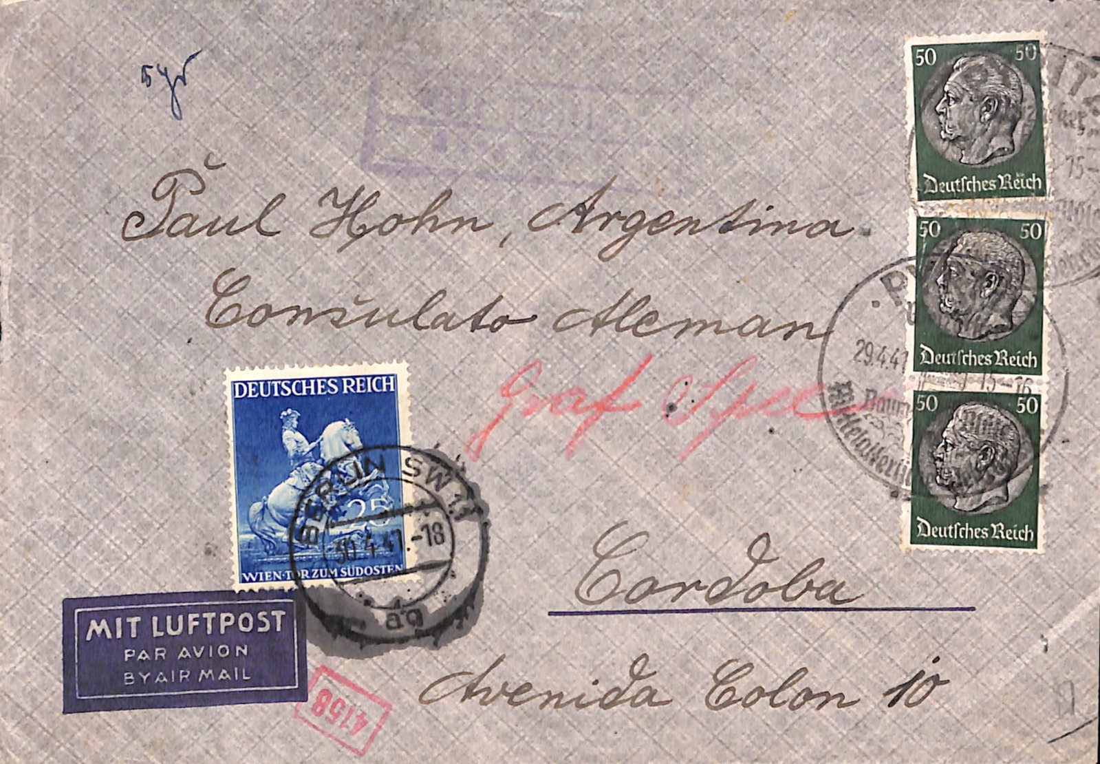 Title: Argentina/Germany - Graf Spee 1941 (Apr 29) Description: Air Mail Cover from Pyritz franked: Title: Argentina/Germany - Graf Spee 1941 (Apr 29) Description: Air Mail Cover from Pyritz franked 150rpf, a further 25rpf stamp appartently added in Berlin the following day, to a Graf Spee Internee