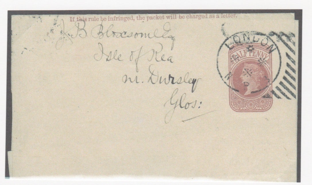 Title: G.B. - Machines c.1887 Description: 1/2d Newspaper wrapper to Dursley canccelled by the: Title: G.B. - Machines c.1887 Description: 1/2d Newspaper wrapper to Dursley canccelled by the scarce undated "LONDON / N P B" Hoster, used in the Newspaper Branch. Condition: Used Delivery