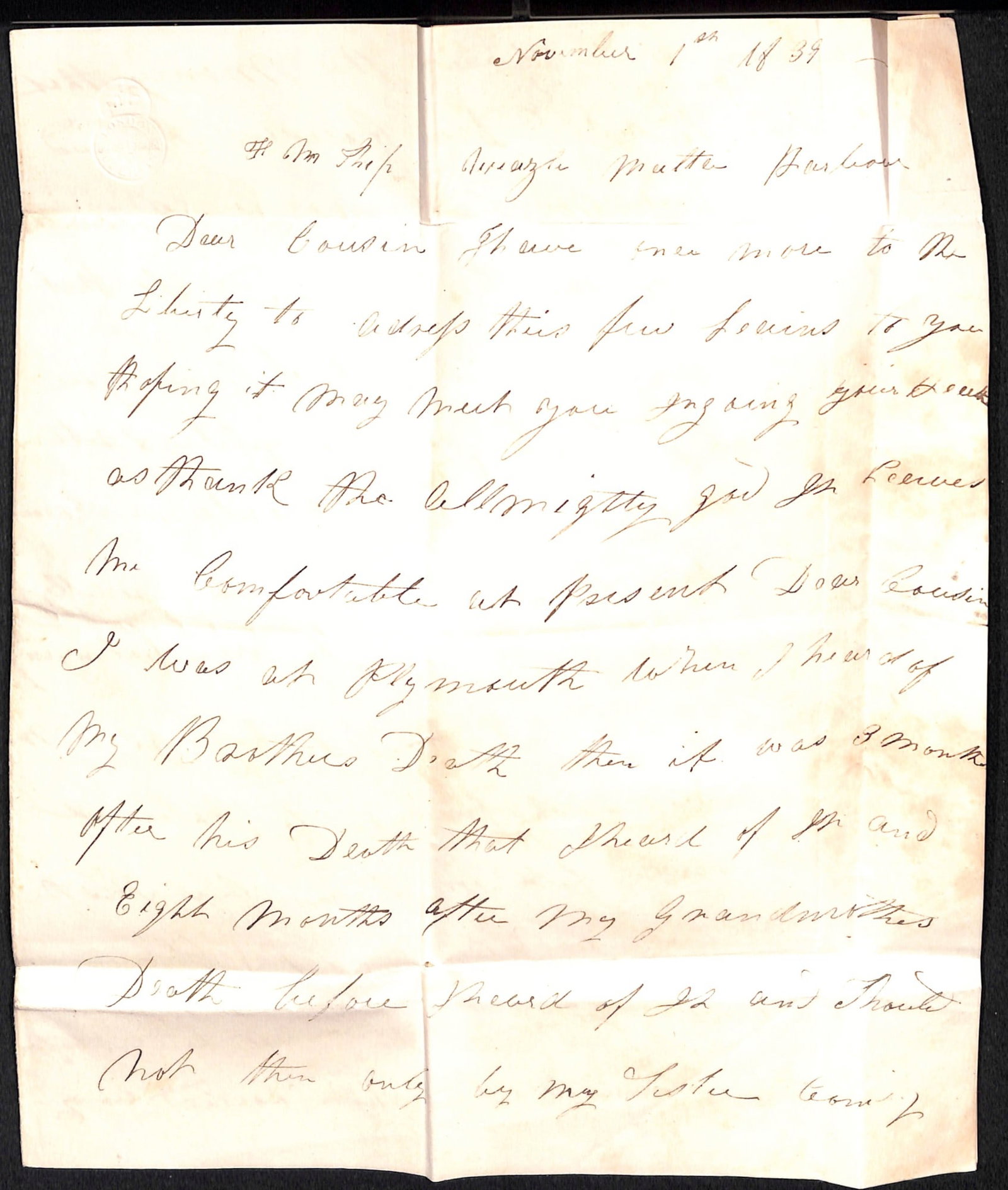 Title: G.B - Military / Cornwall 1839 (Nov. 1) Description: Entire letter written by Pte Thomas - 2
