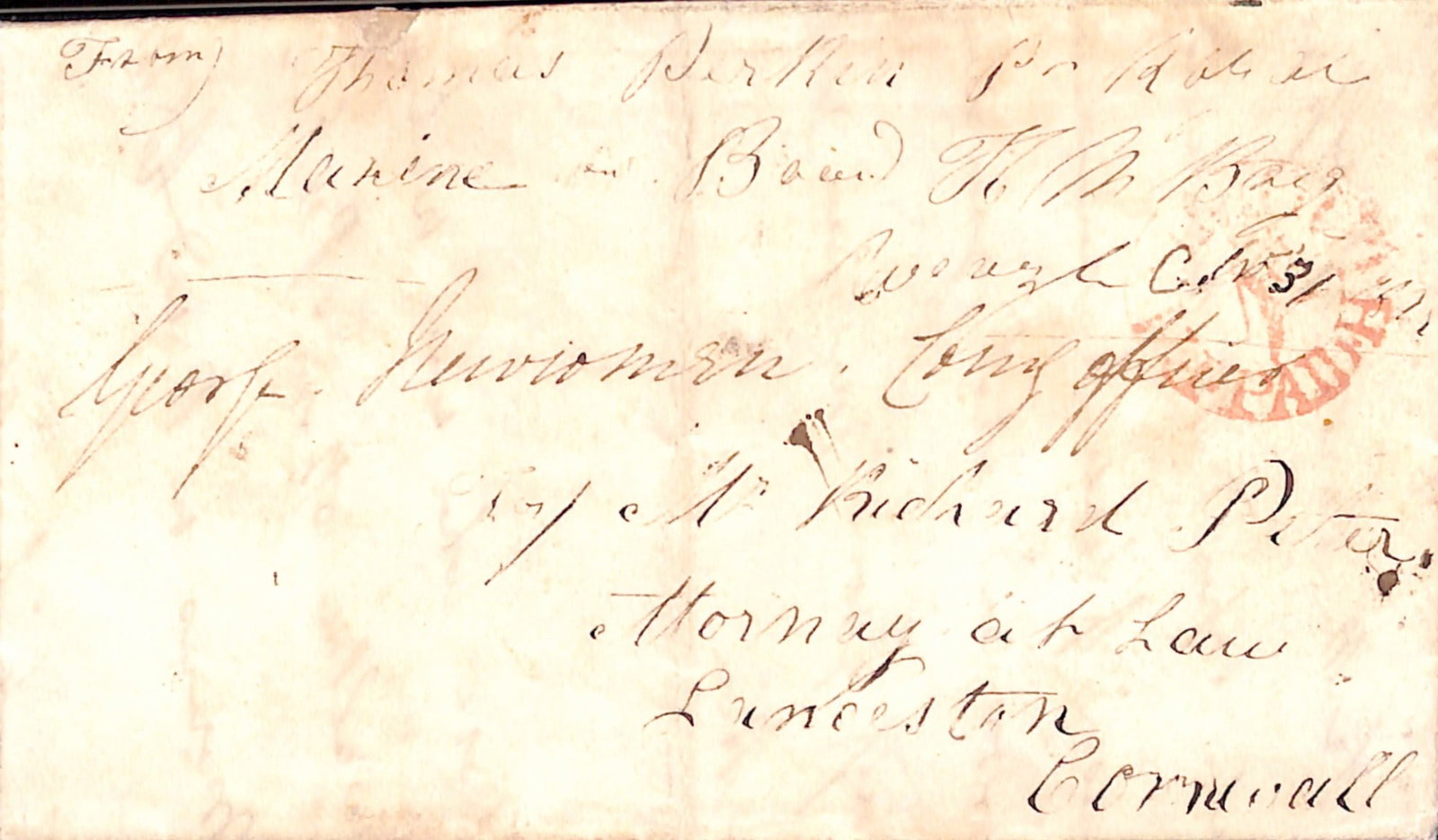 Title: G.B - Military / Cornwall 1839 (Nov. 1) Description: Entire letter written by Pte Thomas - 5