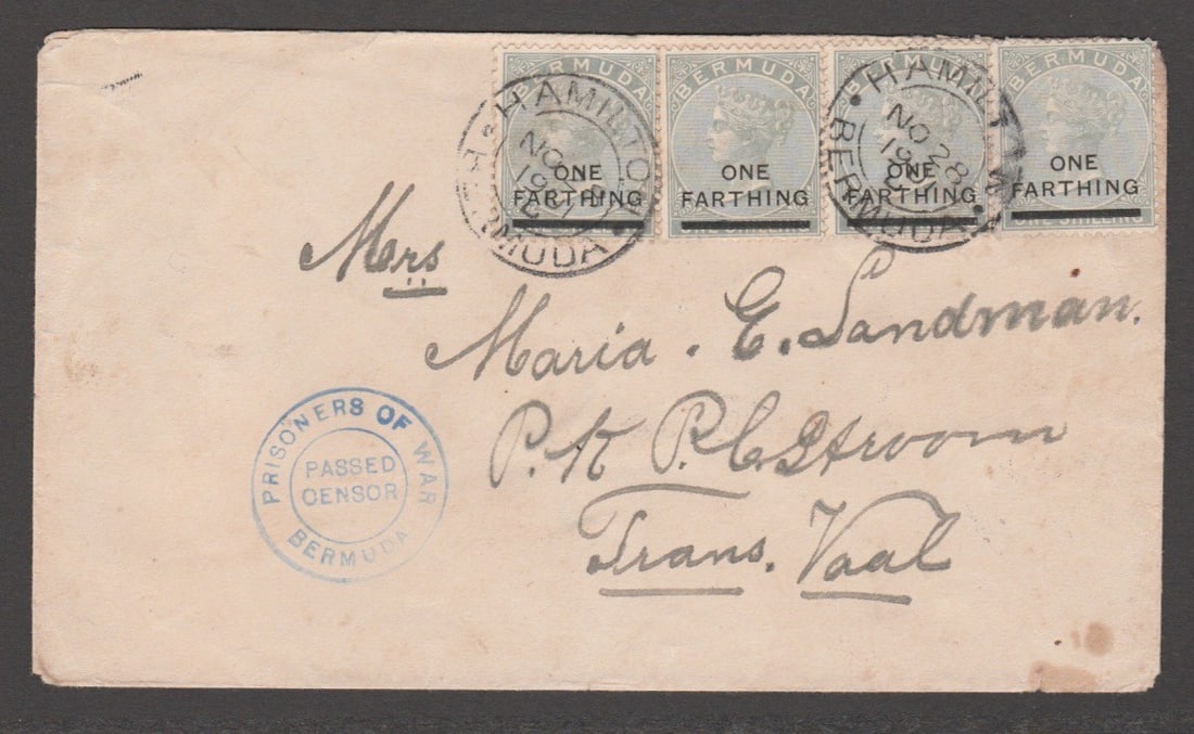 Title: Boer War / Bermuda 1901 (Nov. 28) Description: Cover to Transvaal bearing four Farthing (1 of 2)
