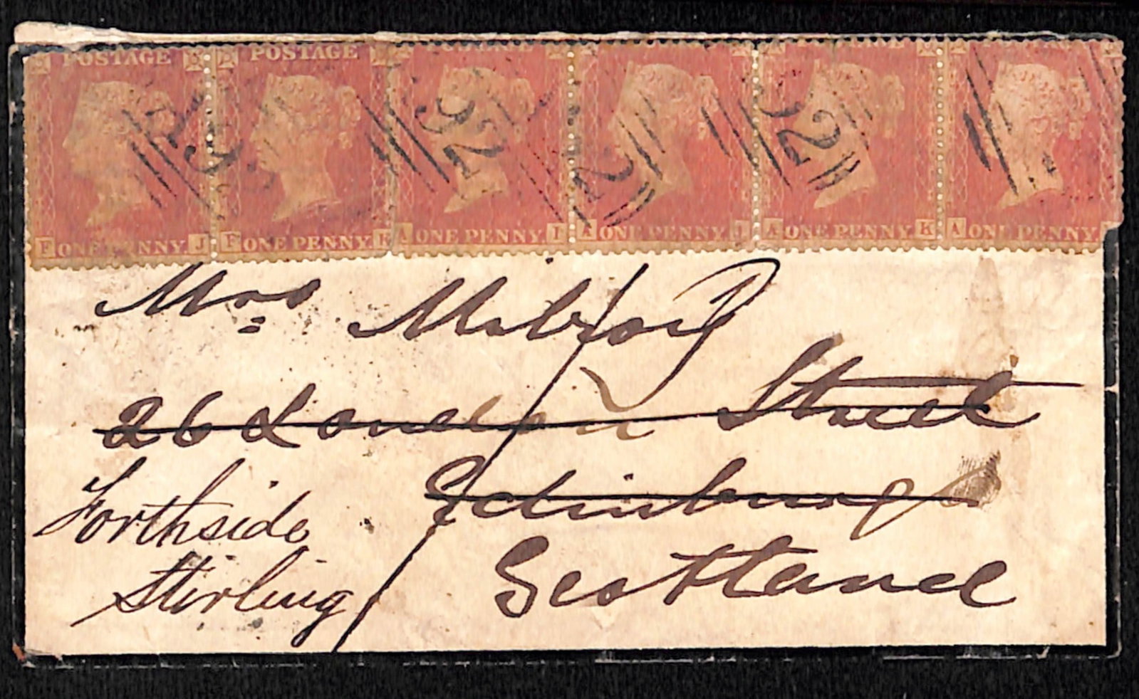 Title: G.B - Used Abroad / Mailboat Cancels 1864 Description: Cover (minor soiling) to Scotland: Title: G.B - Used Abroad / Mailboat Cancels 1864 Description: Cover (minor soiling) to Scotland franked at the 6d officers rate by a 1d red 'stars' pair + strip of four (two with faults) each
