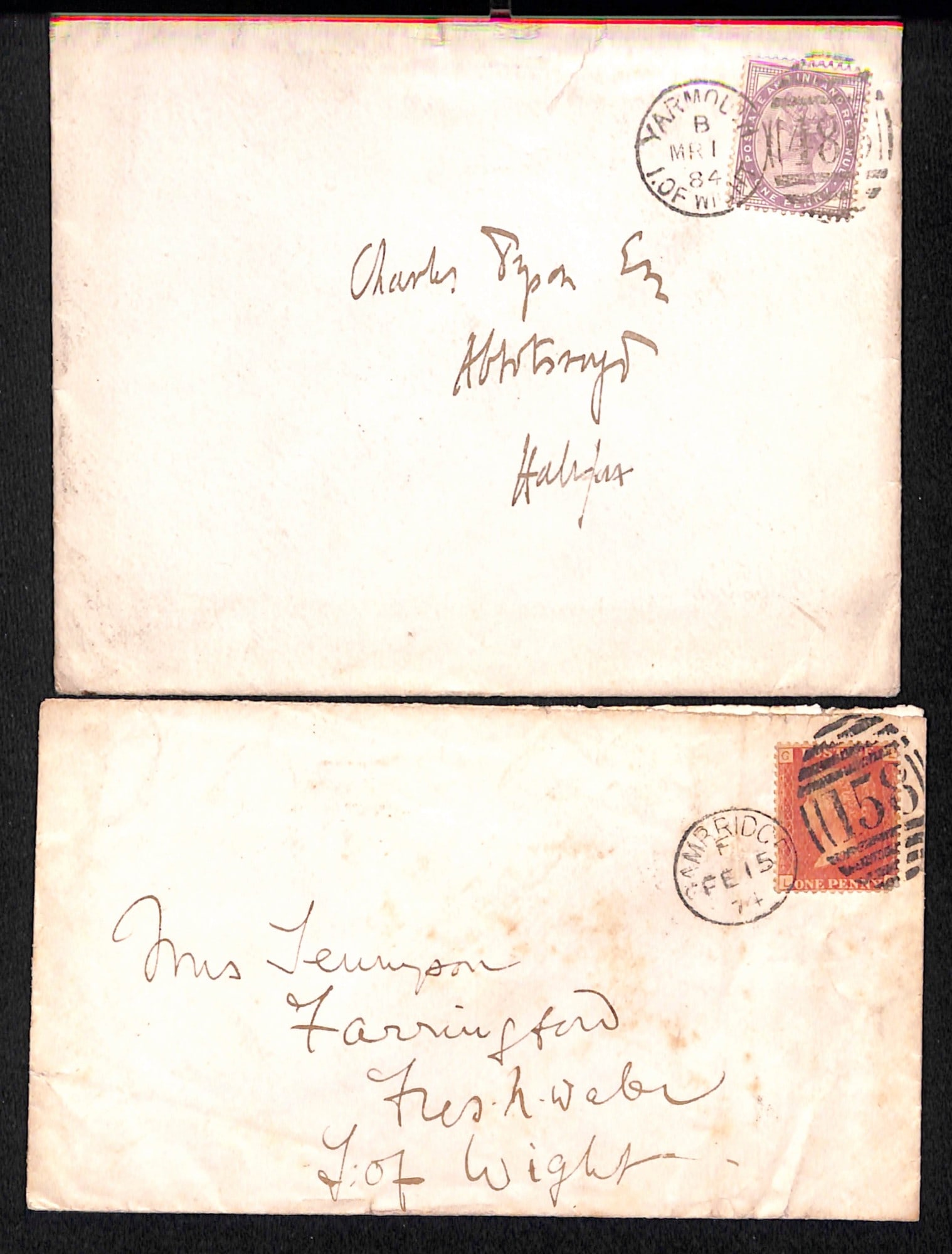 Title: Autographs - Lord Tennyson 1884 (Mar 1) Description: Cover from Yarmouth , Isle of Wight,: Title: Autographs - Lord Tennyson 1884 (Mar 1) Description: Cover from Yarmouth , Isle of Wight, to Halifax, with enclosed note of Farringford notepaper signed by Lord Tennyson. Also an 1874 cov