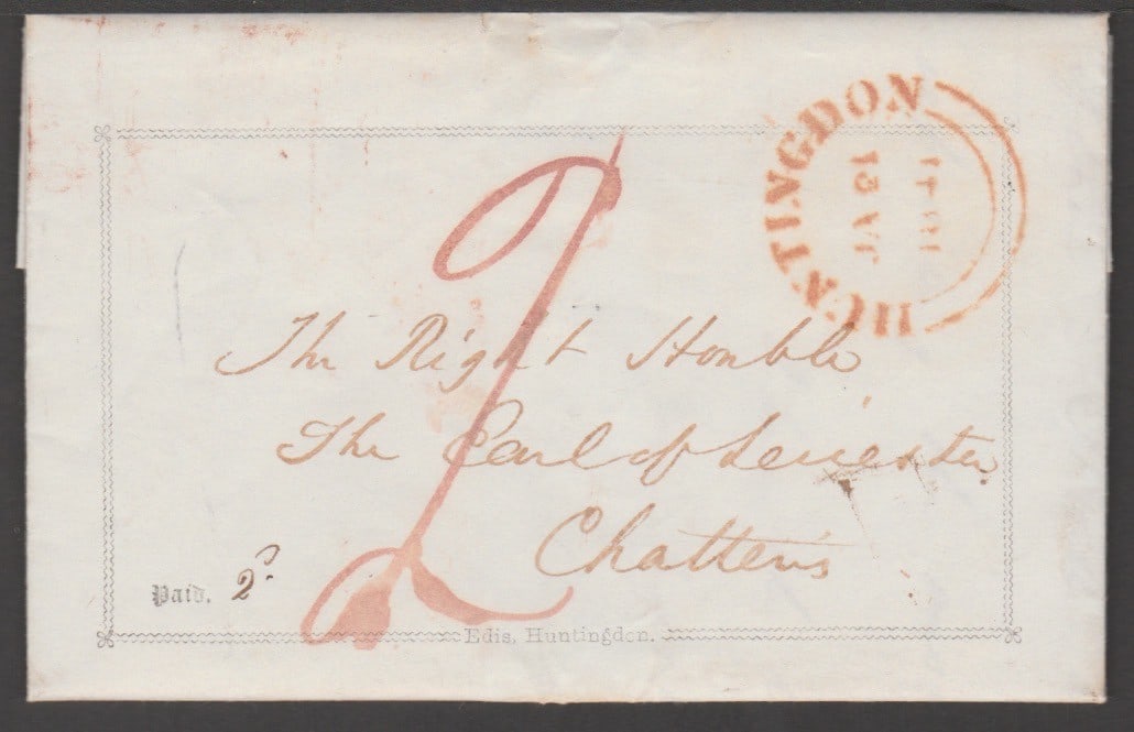 Title: Great Britain - Pictorial Envelopes / Postal Reform 1841 (Jan. 21) Description: Lettersheet: Title: Great Britain - Pictorial Envelopes / Postal Reform 1841 (Jan. 21) Description: Lettersheet with a fancy border printed around the address panel in grey, with "Edis, Huntingdon" at the base