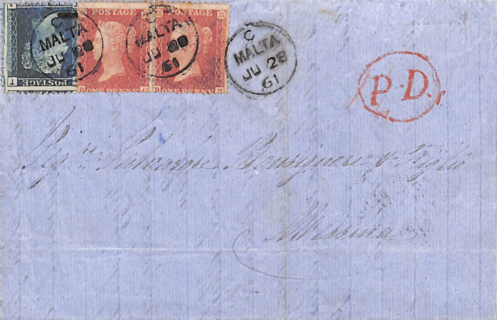 Title: Malta 1861 (June 28) Description: Entire letter to Sicily franked G.B large crown perf 14: Title: Malta 1861 (June 28) Description: Entire letter to Sicily franked G.B large crown perf 14 1d red pair and 2d blue plate 8 cancelled by Malta single ring datestamps with a further strike