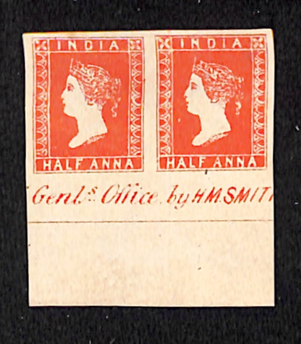 Title: India 1854 Description: 1854 (1 Apr) '9 1/2 arches' 1/2a deep vermilion on white paper,: Title: India 1854 Description: 1854 (1 Apr) '9 1/2 arches' 1/2a deep vermilion on white paper, horizontal pair with large margins and full sheet margins at foot showing part 'Genls office by HM SMITH'