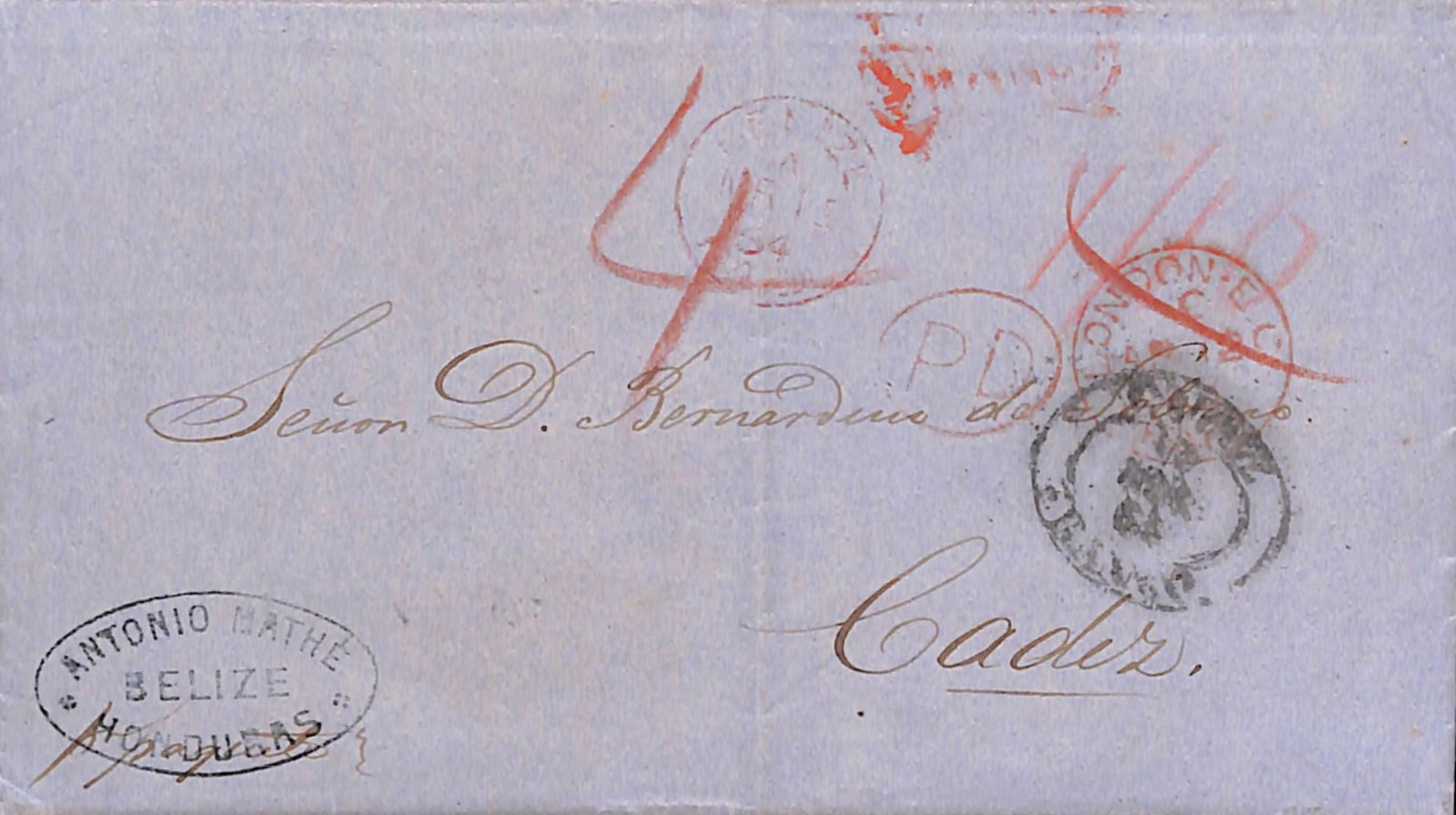 Title: British Honduras / Guatemala 1864 (Feb 20) Description: Entire letter from Guatemala to: Title: British Honduras / Guatemala 1864 (Feb 20) Description: Entire letter from Guatemala to Spain, carried by forwarding agent to Belize where it was posted prepaid 4d, with oval "ANTONIO MATHE /