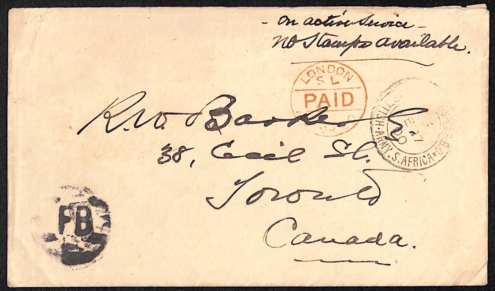 Title: Boer War 1900 Description: Stampless cover to Canada with a Maple Leaf and "CANADIAN (1 of 2)
