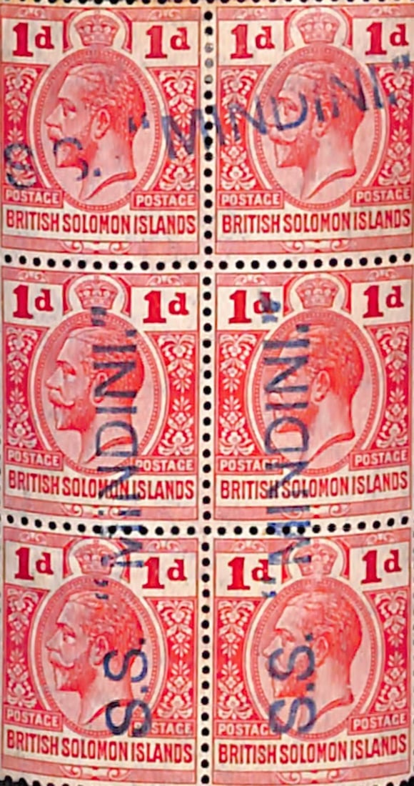 Title: British Solomon Islands 1913 Description: 1d block of six cancelled by three strikes of "S.: Title: British Solomon Islands 1913 Description: 1d block of six cancelled by three strikes of "S. S. "MINDINI"" in violet, very scarce. Condition: Used Delivery option: Collection & Deliver