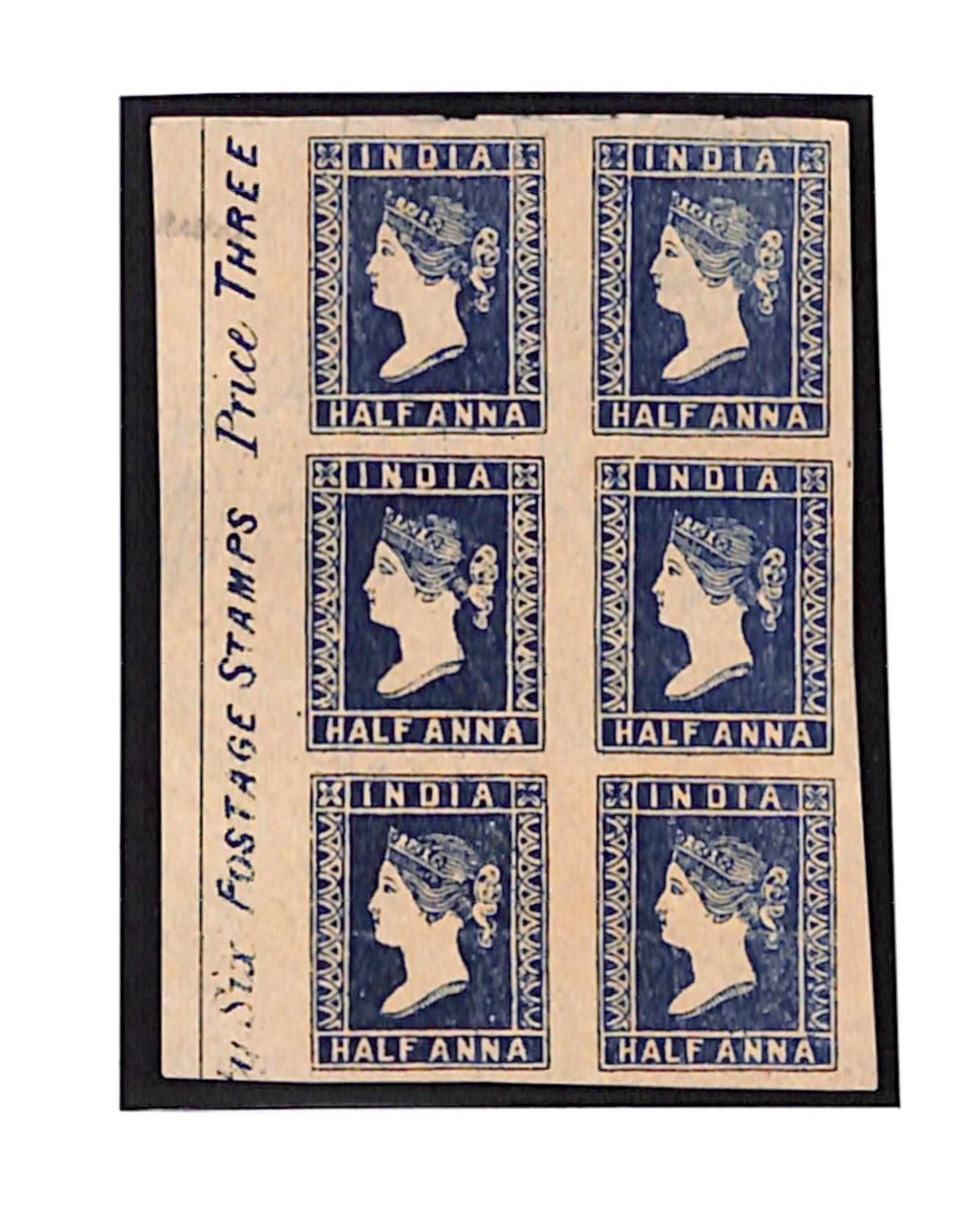 Title: India 1854 Description: 1854 ½a Indigo die I, left marginal block of six (2x3) from the: Title: India 1854 Description: 1854 ½a Indigo die I, left marginal block of six (2x3) from the rare A4 stone (positions 49/66) with part inscription, large margins, faint toning, otherwise fine