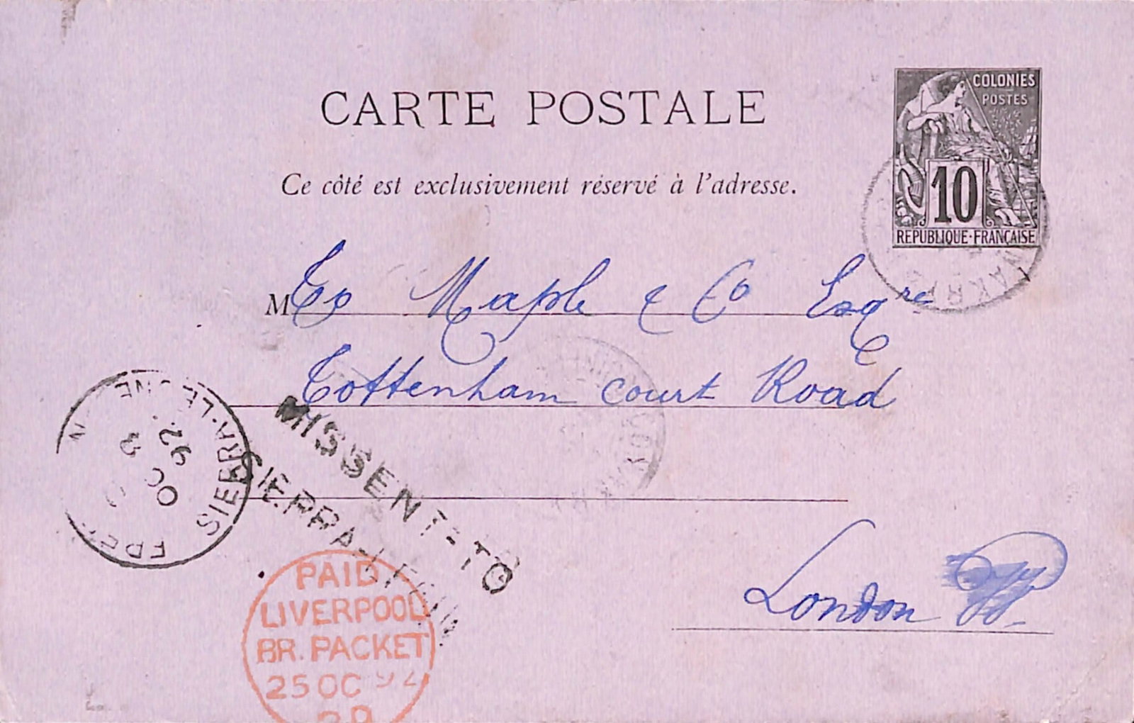 Title: Sierra Leone 1891 (Oct 4) Description: French Colonies 10c postcard from Conakry, French (1 of 2)