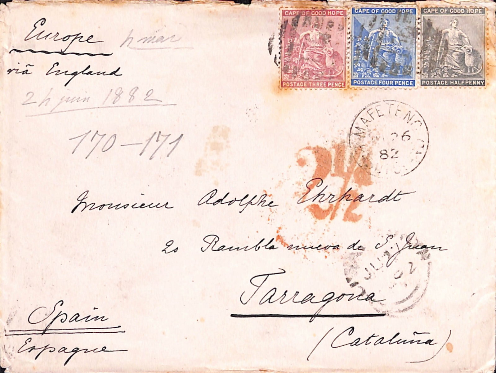 Title: Basutoland / Cape of Good Hope 1882 (June 26) Description: Cover (minor staining) to Spain: Title: Basutoland / Cape of Good Hope 1882 (June 26) Description: Cover (minor staining) to Spain franked Cape 1/2d + 3d +4d each cancelled by light "156" numeral with Mafeteng c.d.s below, an early