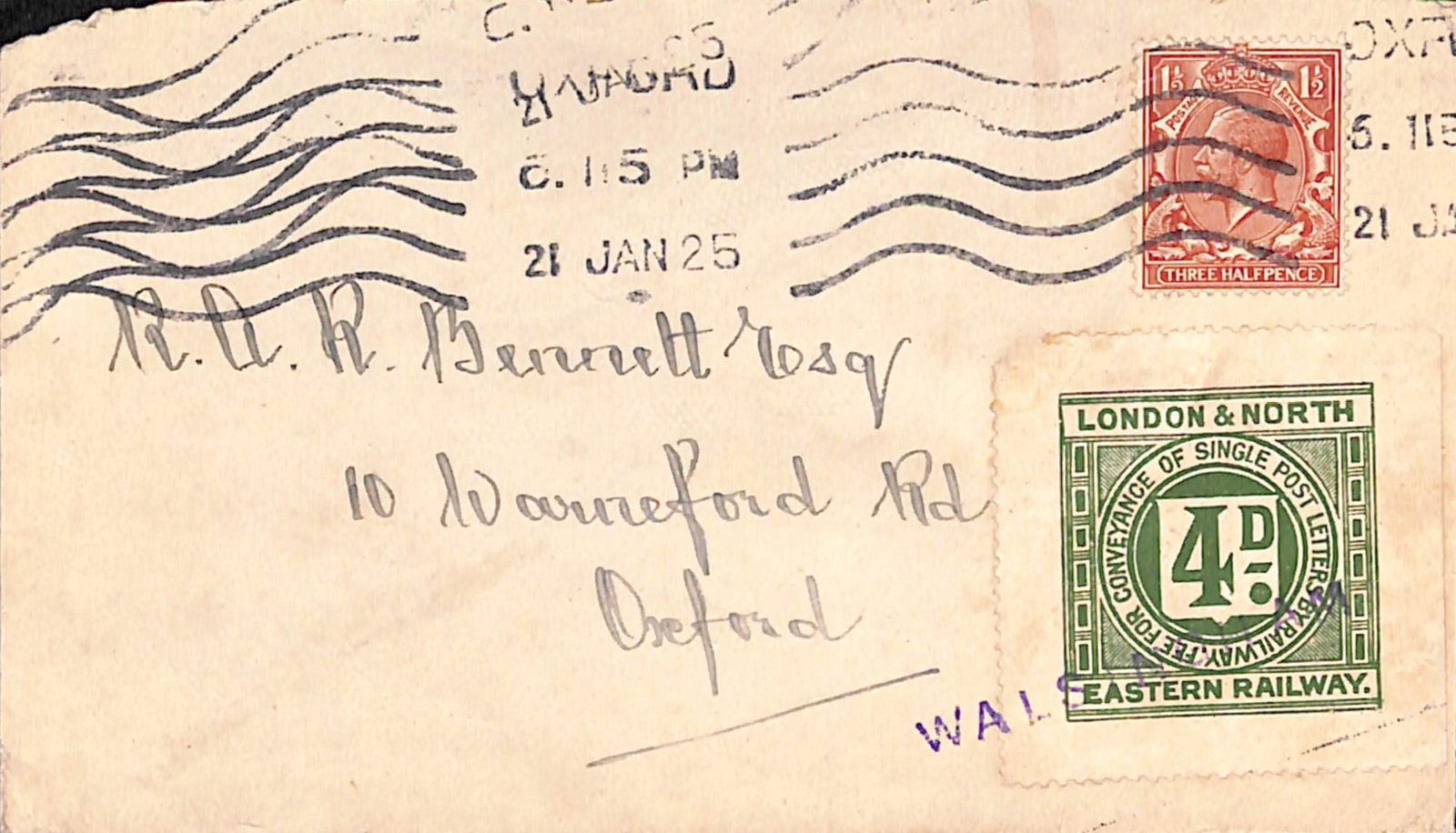 Title: G.B. - Railways 1925 (Jan. 21) Description: Commercial cover (flap missing) to Oxford with 4d: Title: G.B. - Railways 1925 (Jan. 21) Description: Commercial cover (flap missing) to Oxford with 4d L.N.E.R stamp cancelled violet "WALSINGHAM", a 1 1/2d stamp cancelled upon arrival at