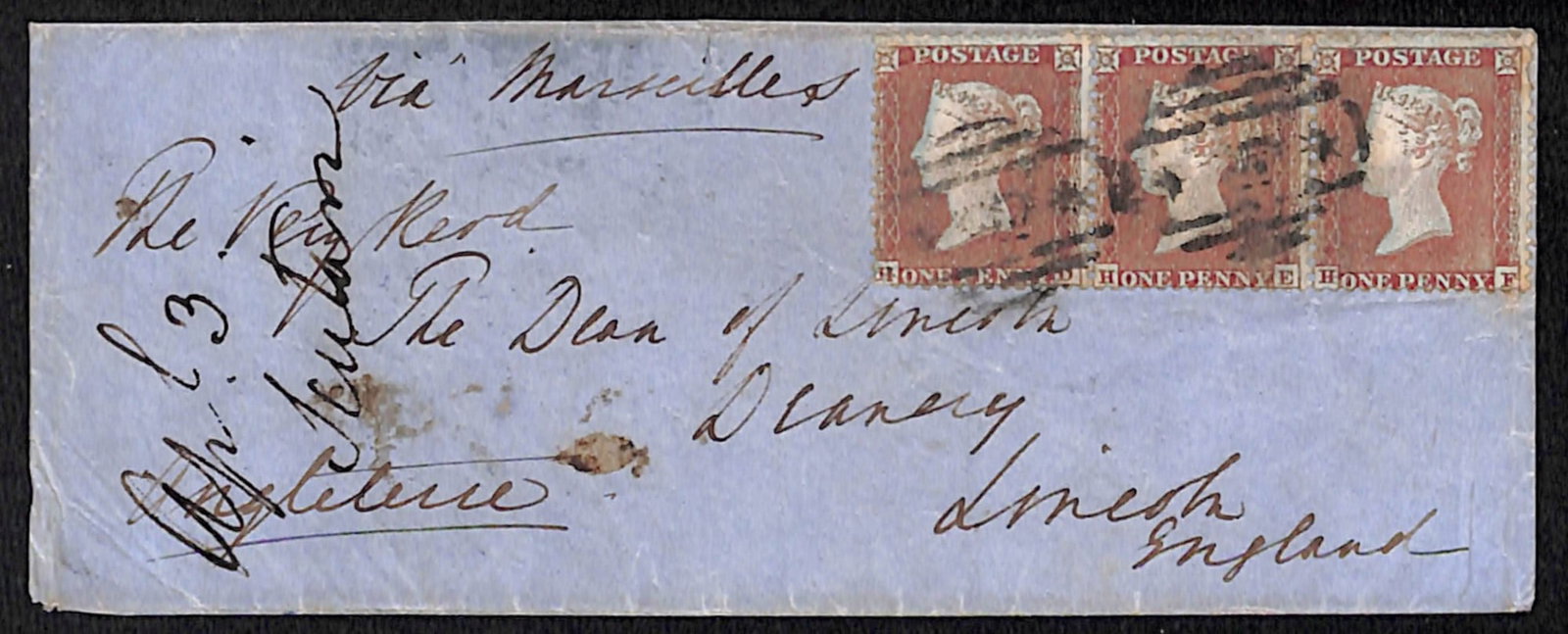 Title: G.B. - Crimean War 185 Description: Cover to England bearing GB die I perf 14 1d red strip of: Title: G.B. - Crimean War 185 Description: Cover to England bearing GB die I perf 14 1d red strip of three cancelled by two fine strikes of the scarce crown between stars obliterator, backstamped